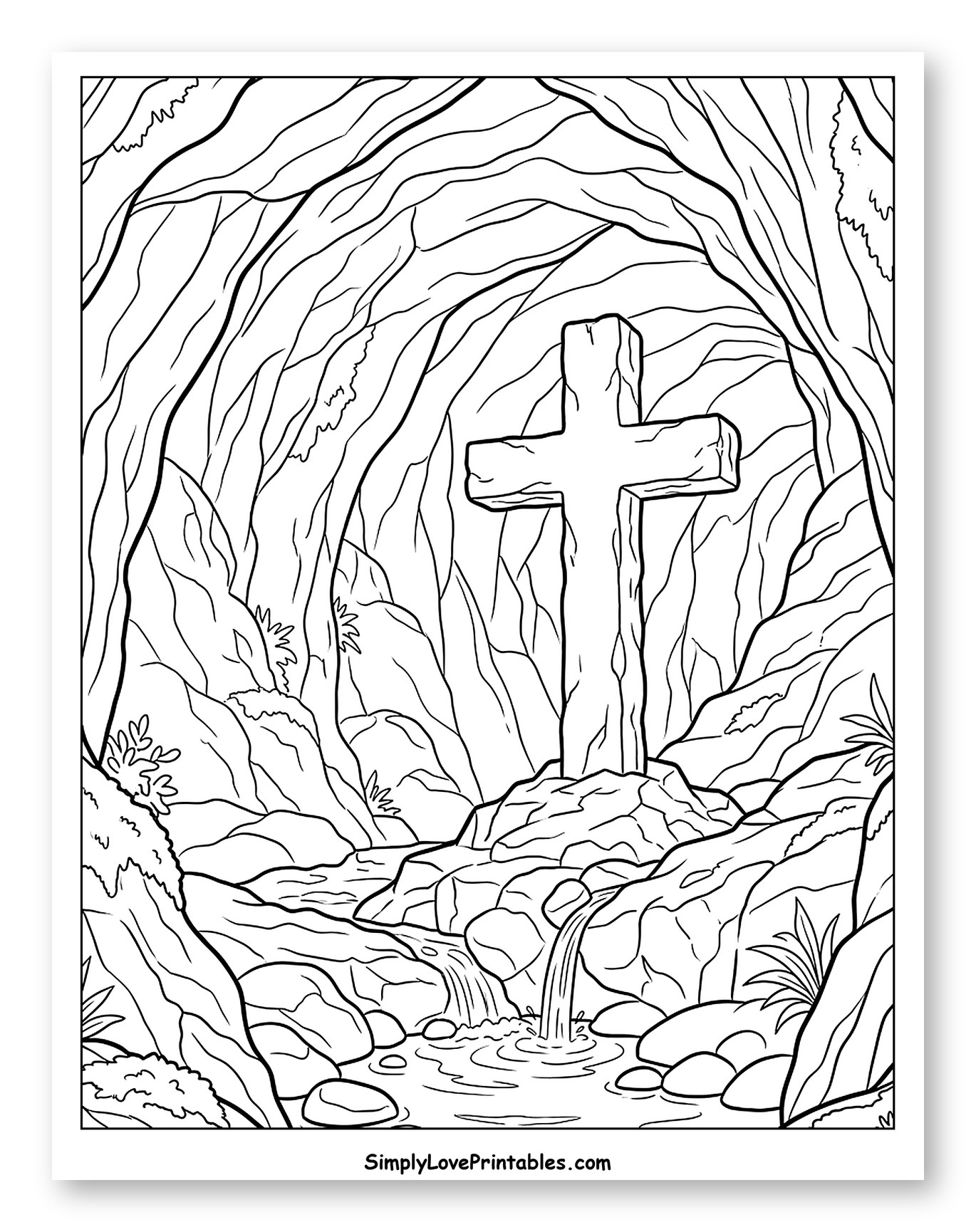 Stone Cross Inside a Rocky Cave with Waterfalls