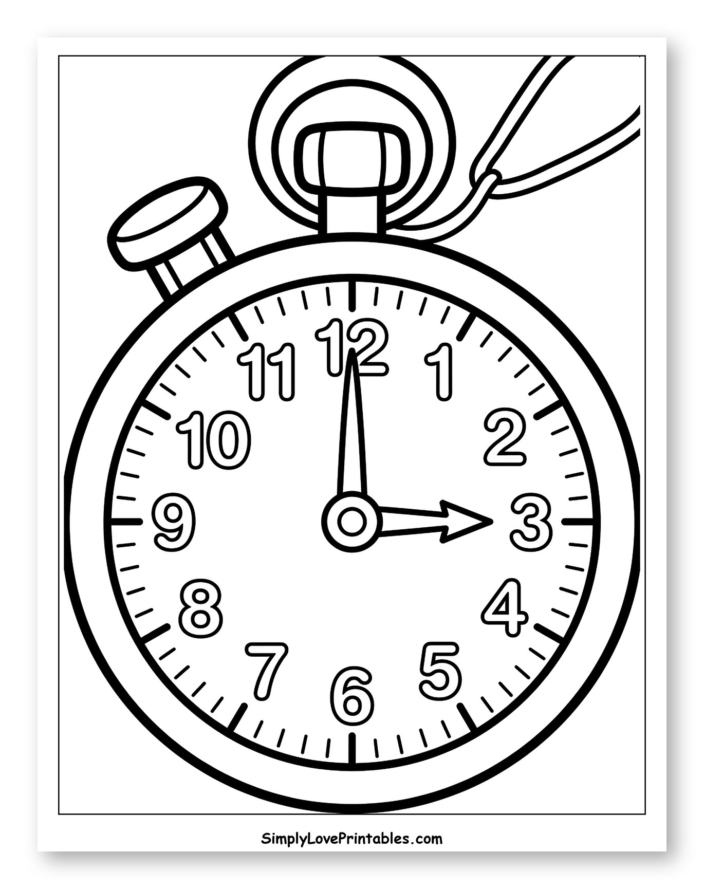 Stopwatch Showing Three O'Clock Coloring Sheet for Toddlers