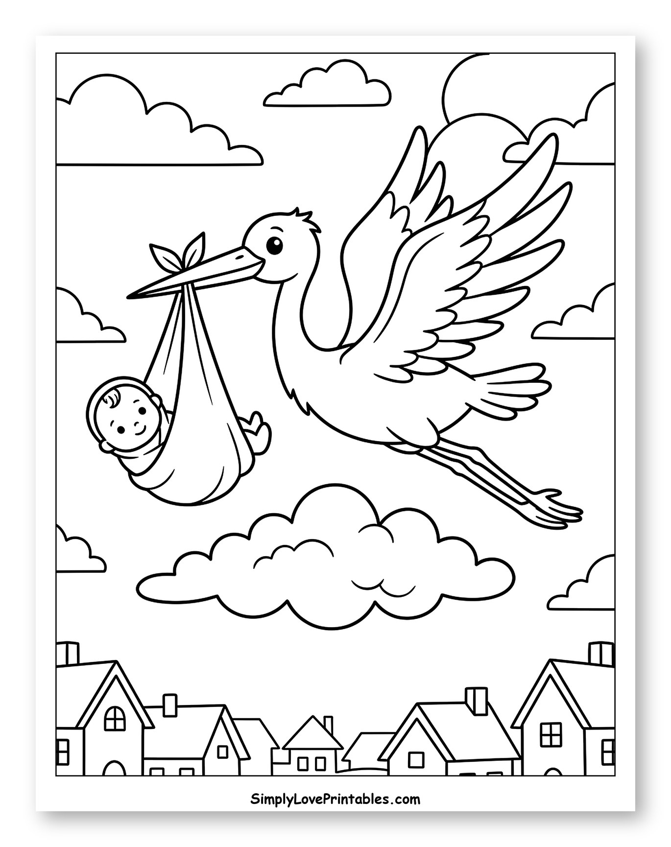 Stork Carrying a Baby Over Houses