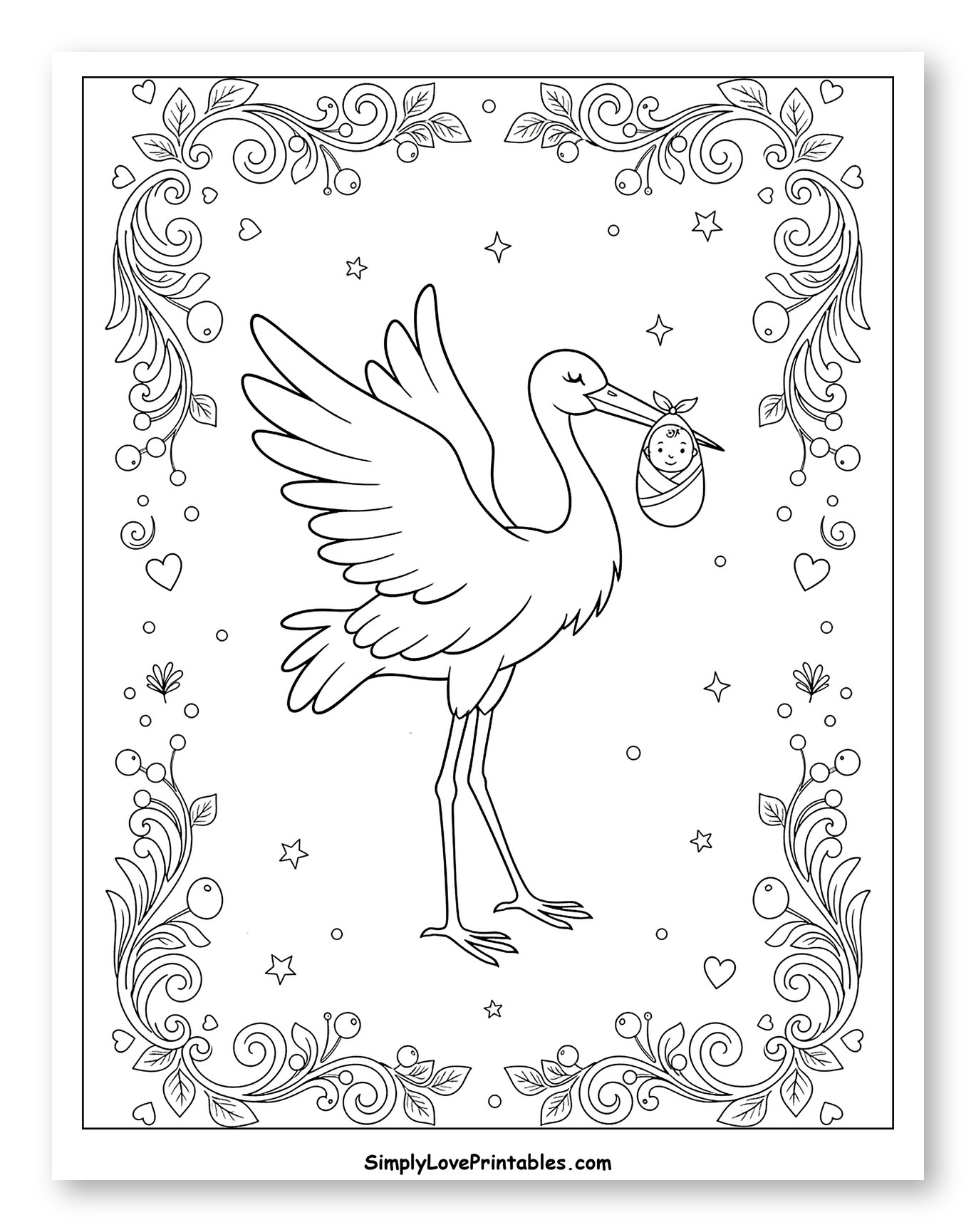 Stork Carrying Baby with Ornate Border