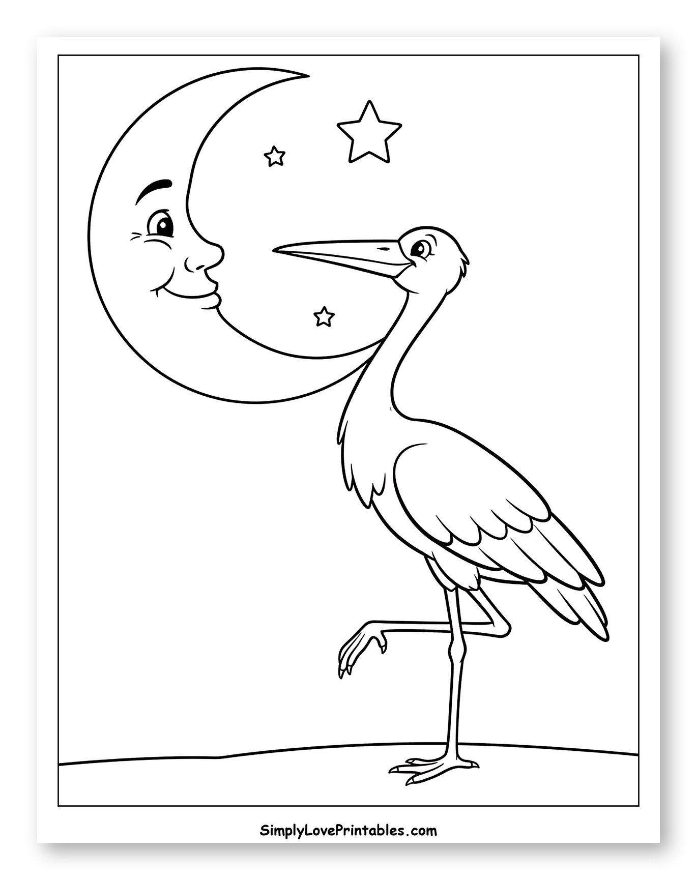 Stork Looking at Smiling Moon and Stars