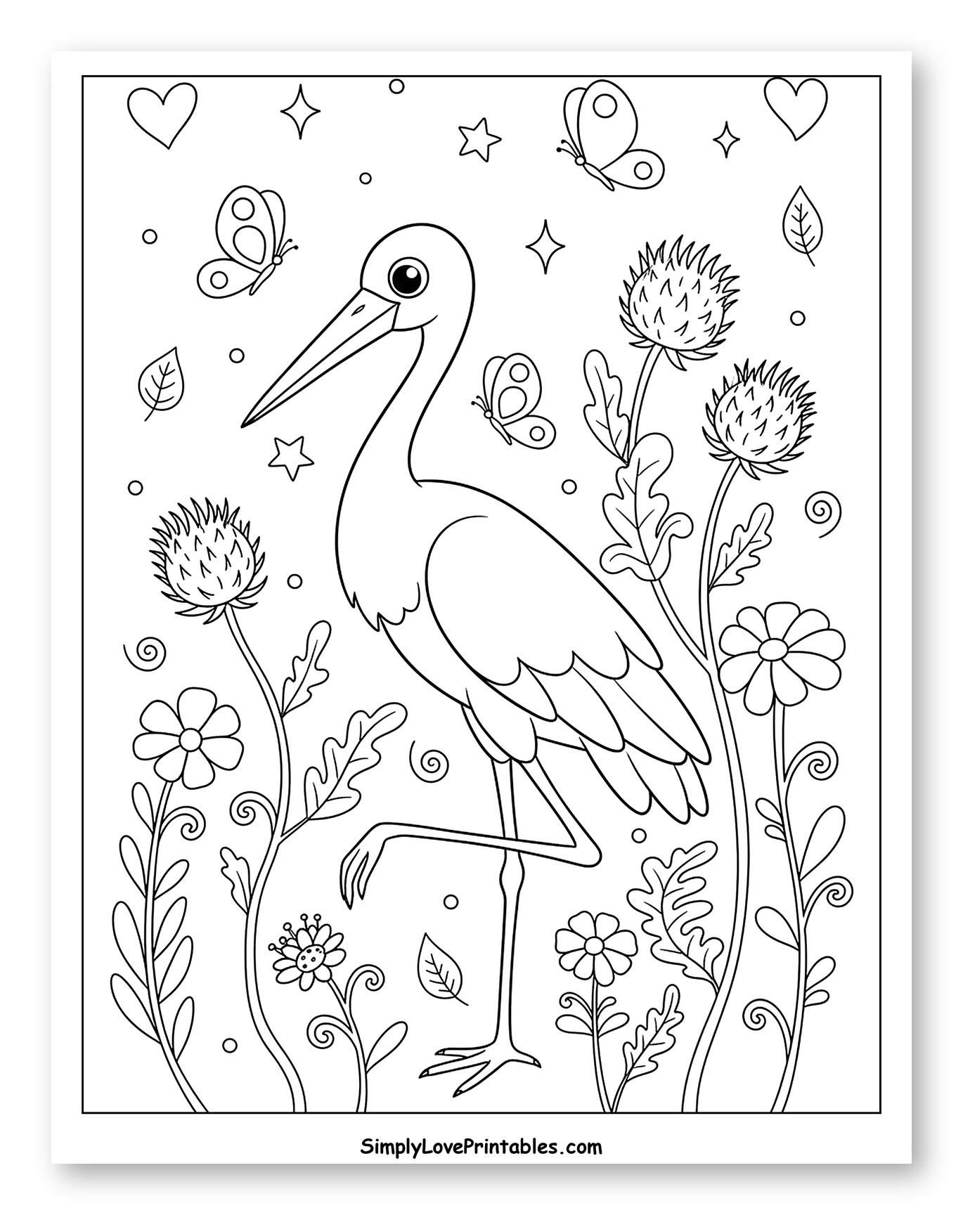 Stork Standing in a Field of Flowers and Butterflies Coloring Sheet for Adults