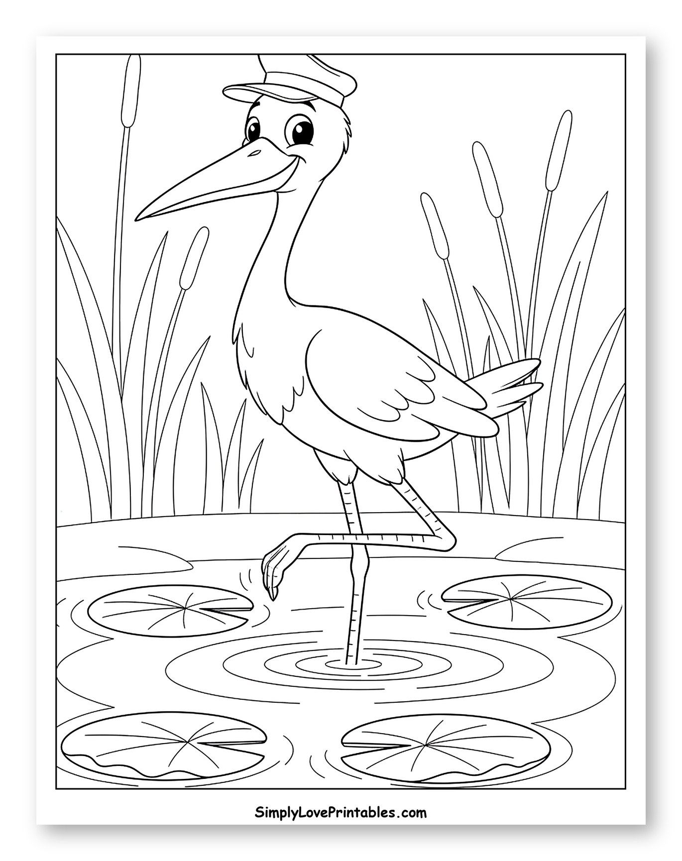 Stork Wearing Hat in Pond with Lily Pads Coloring Sheet for Kids