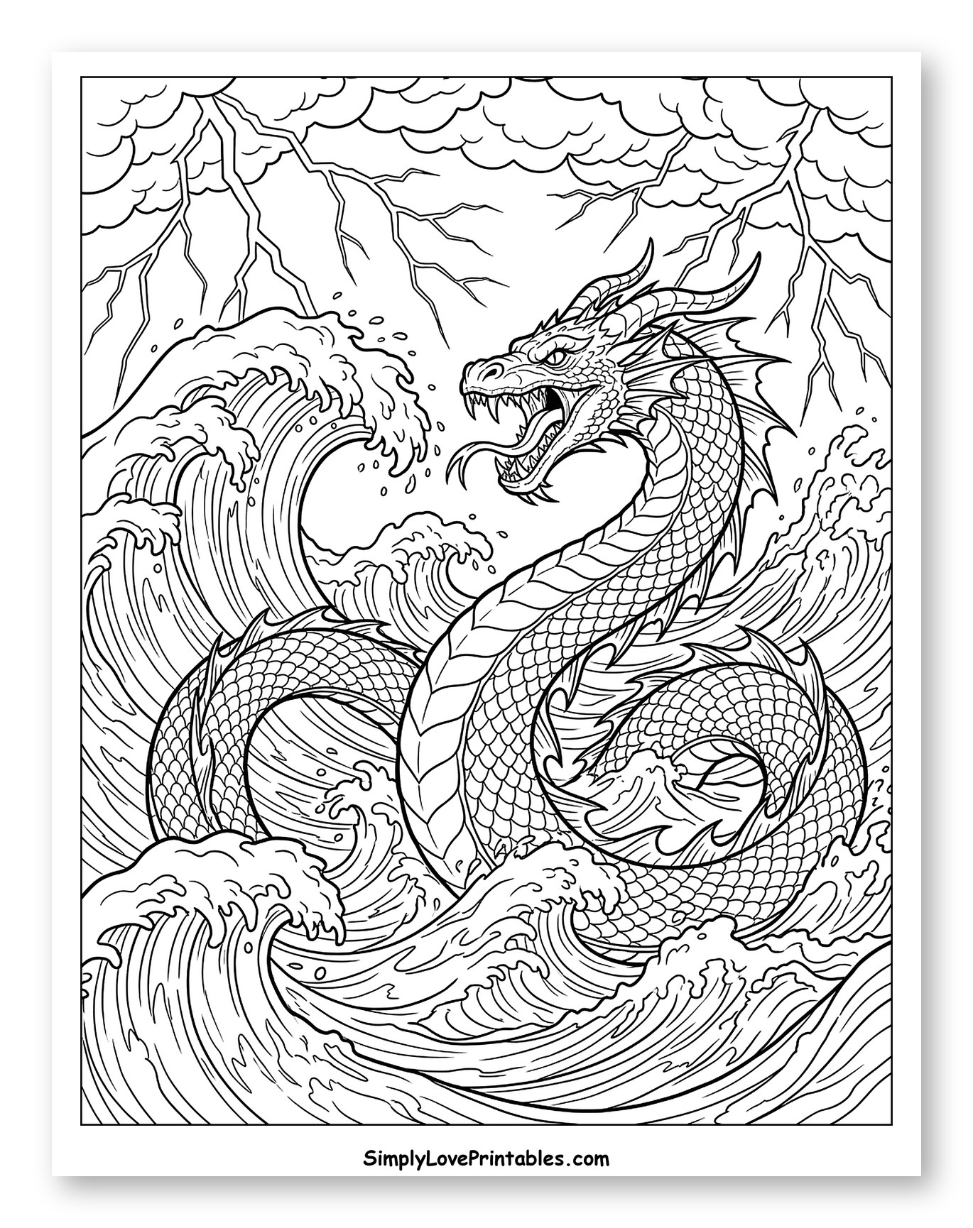 Storm Dragon in Crashing Waves Coloring Page