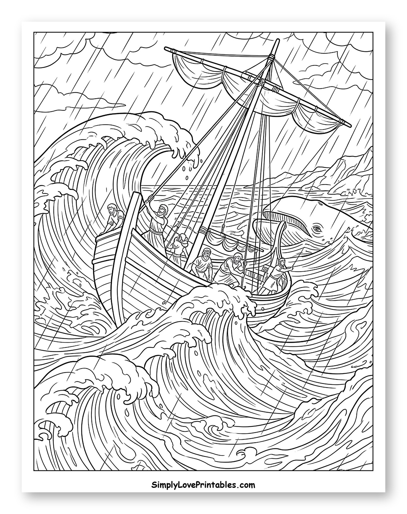 Stormy Sea with Boat, Men, and Whale to Color