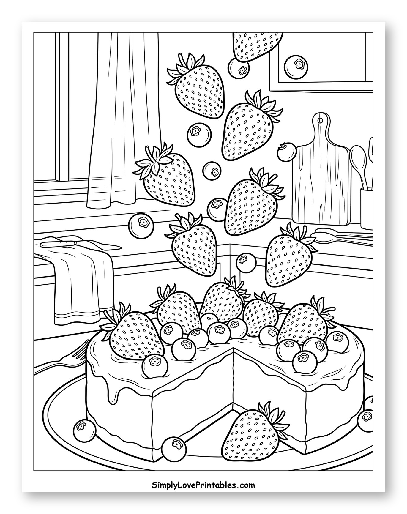 Strawberries and Blueberries Falling on a Cake