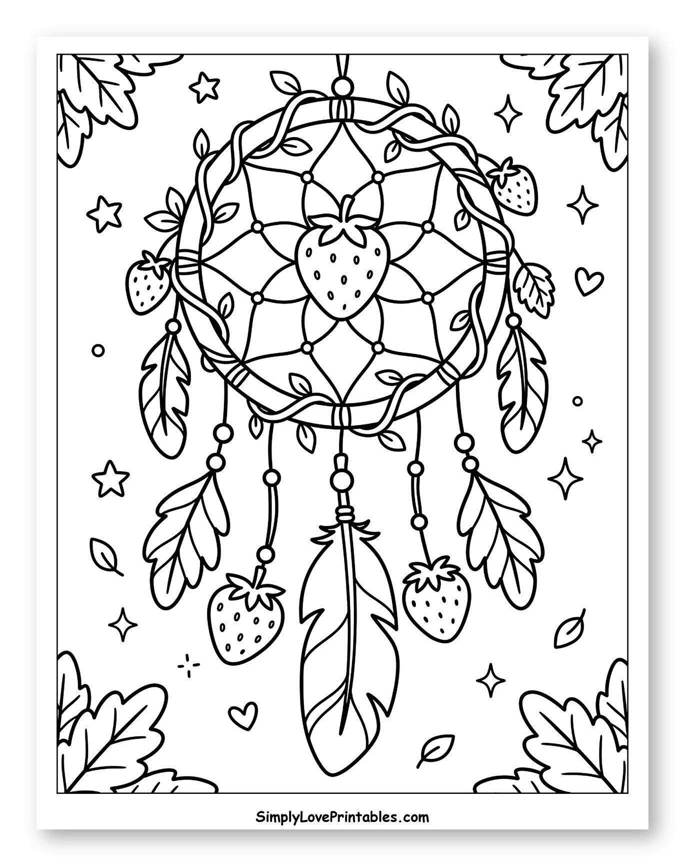 Strawberry Dreamcatcher with Feathers and Leaves