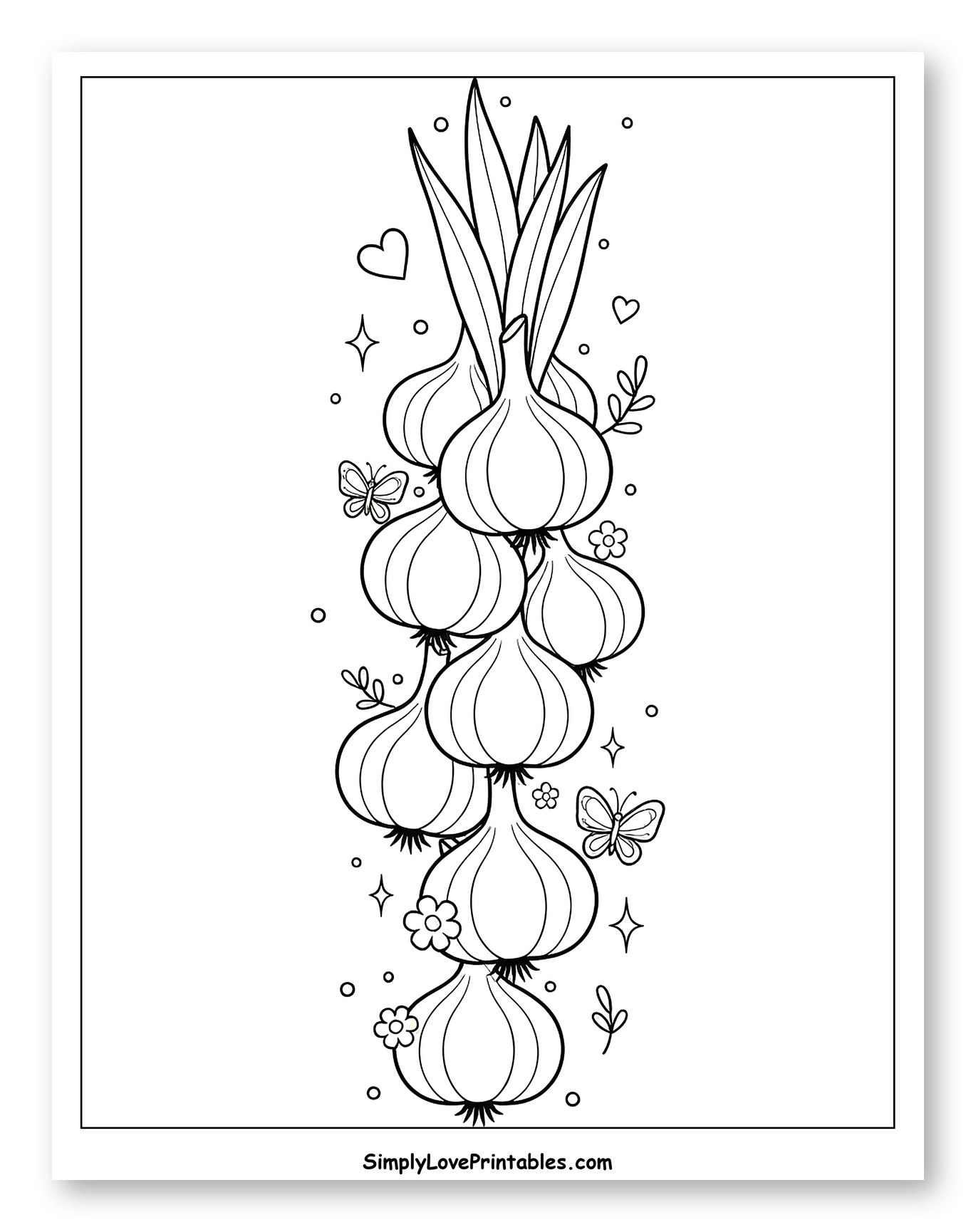 String of Garlic with Butterflies and Flowers to Color for Adults