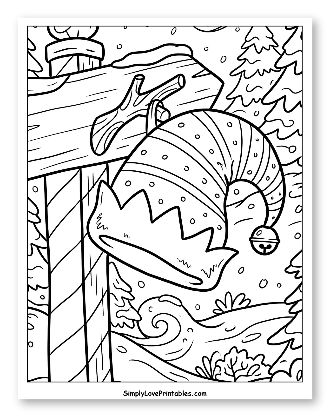 Striped Elf Hat on a Snowy Signpost Coloring Page for Kids