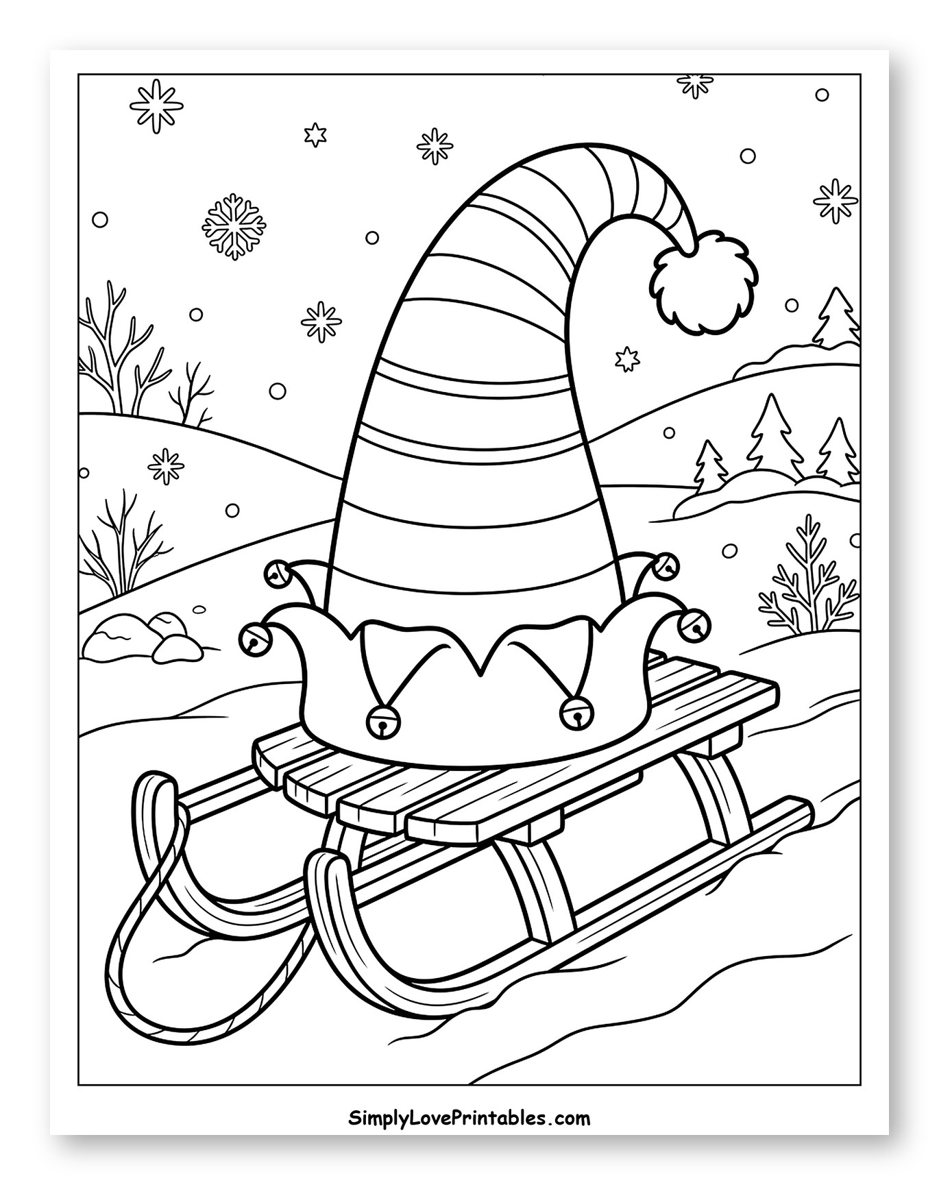 Striped Elf Hat on a Wooden Sled Coloring Sheet for Kids