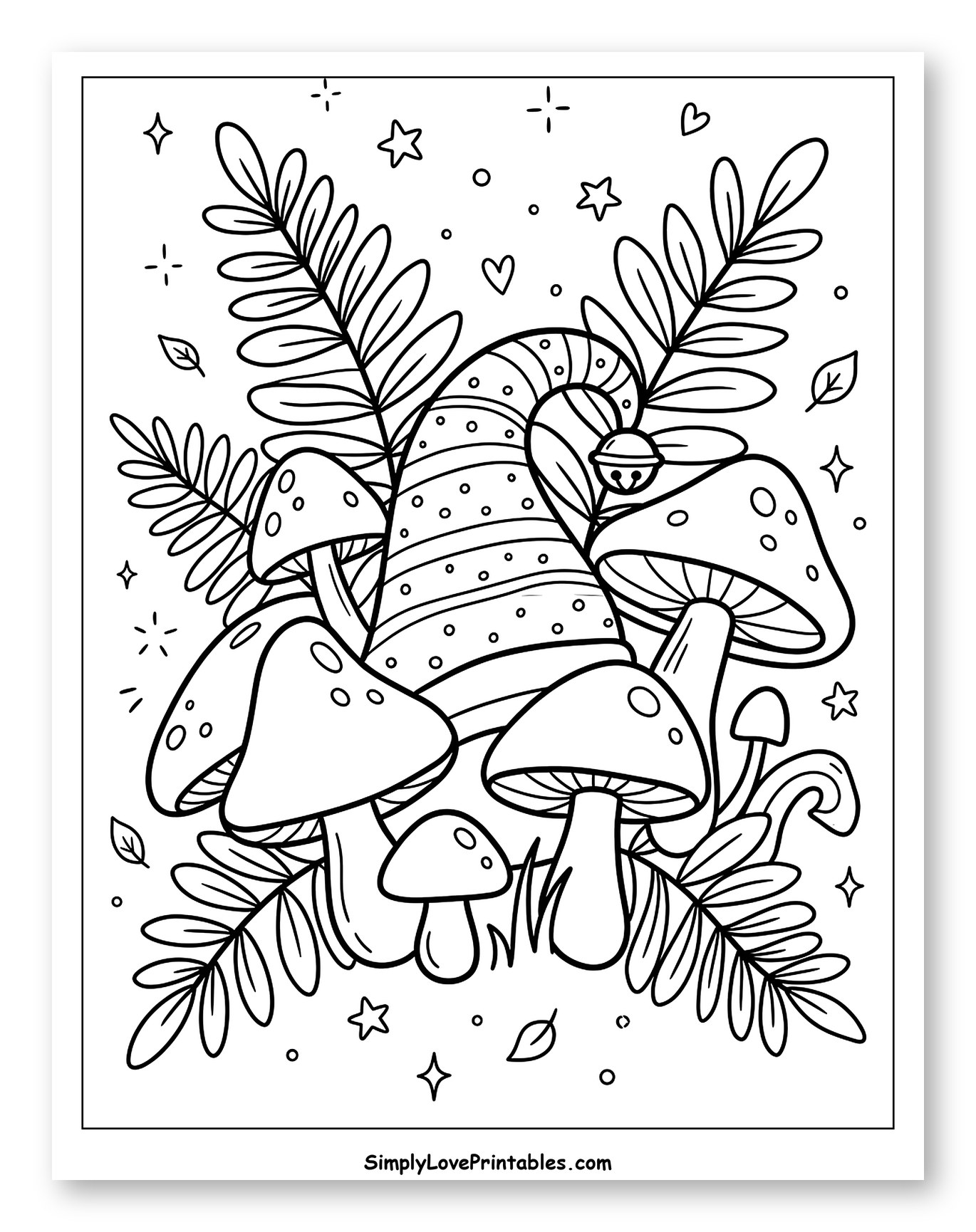 Striped Elf Hat Surrounded by Magical Mushrooms to Color for Adults