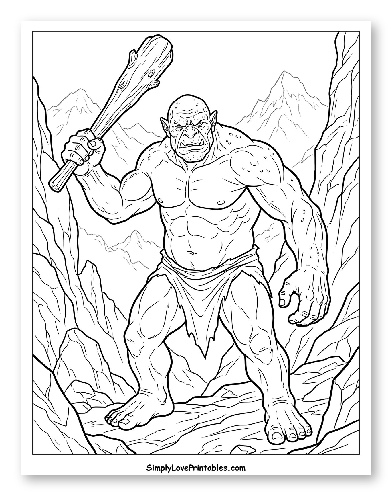Strong Troll Warrior Holding Wooden Club Coloring Sheet
