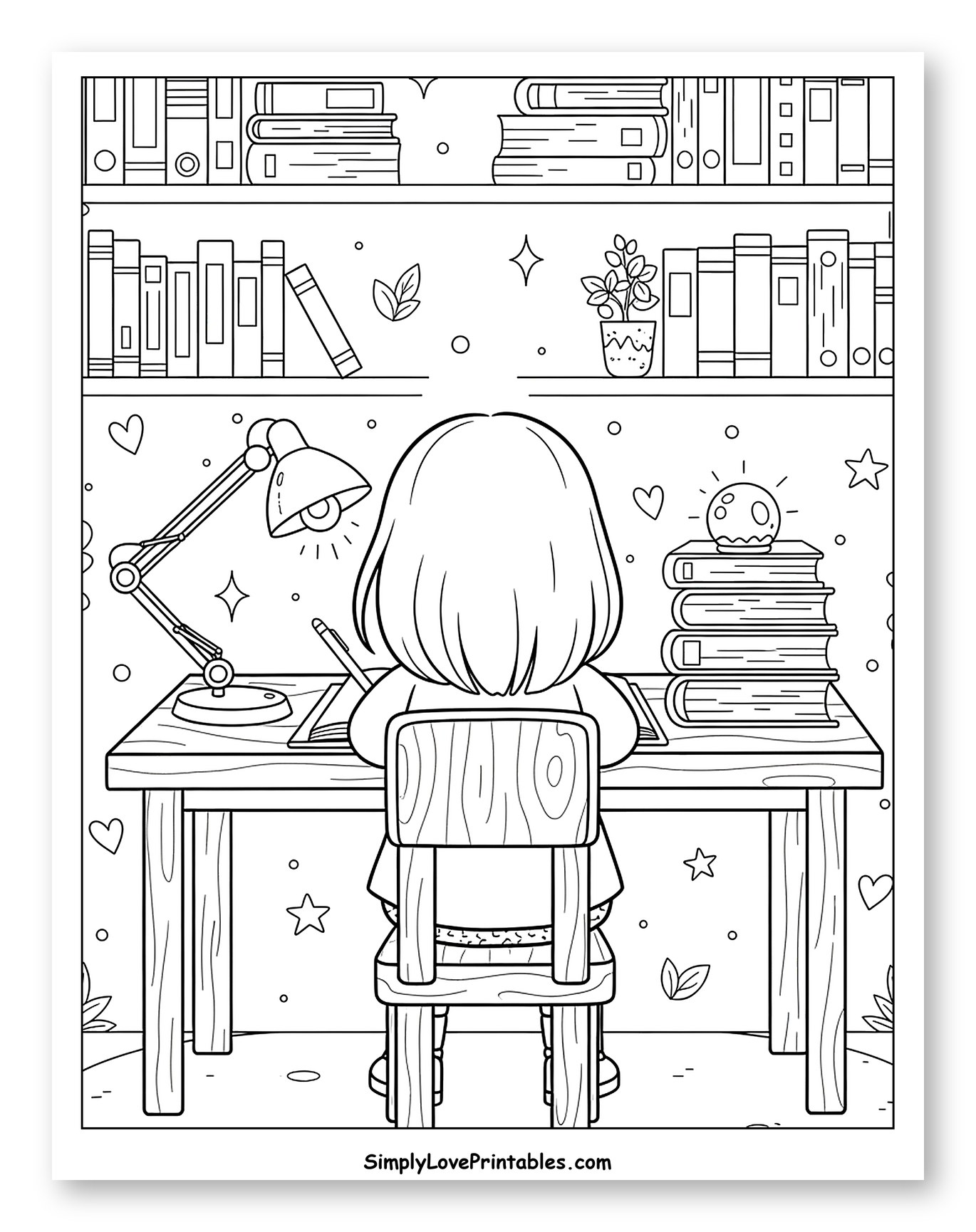 Student Working at Desk with Bookshelves