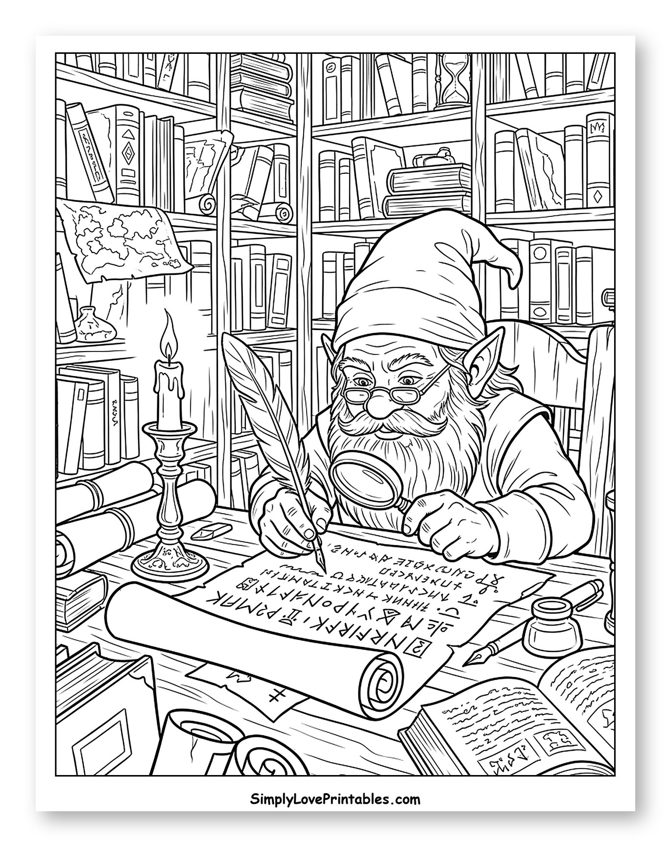 Studious Gnome Writing with Quill and Magnifying Glass Coloring Sheet