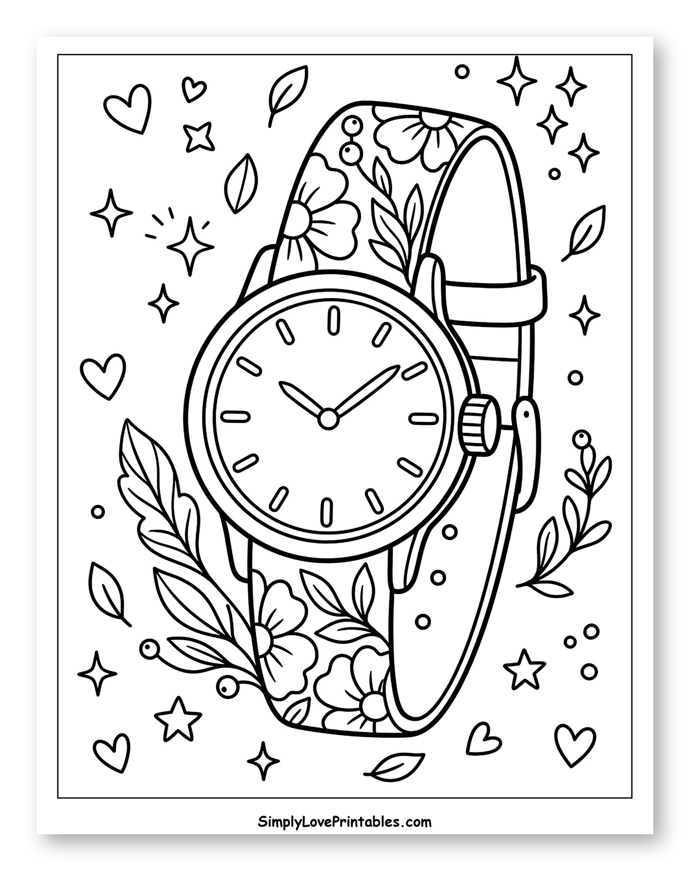 Stylish Floral Watch with Hearts and Stars Coloring Sheet for Adults