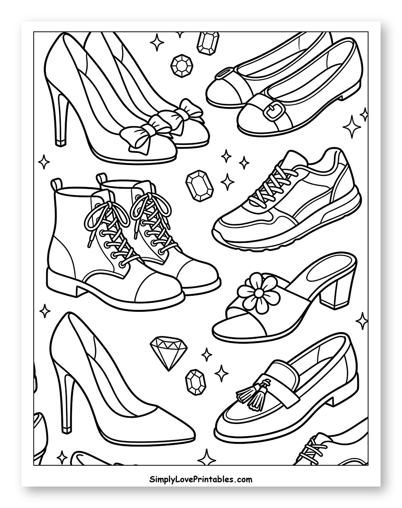 Stylish Footwear and Sparkling Gems Coloring Page for Adults