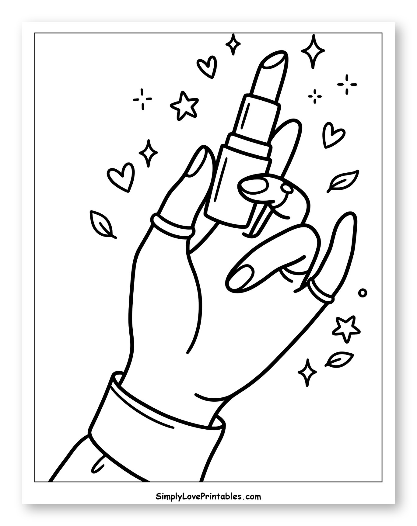 Stylish Hand Holding Lipstick with Hearts and Stars Coloring Page for Adults