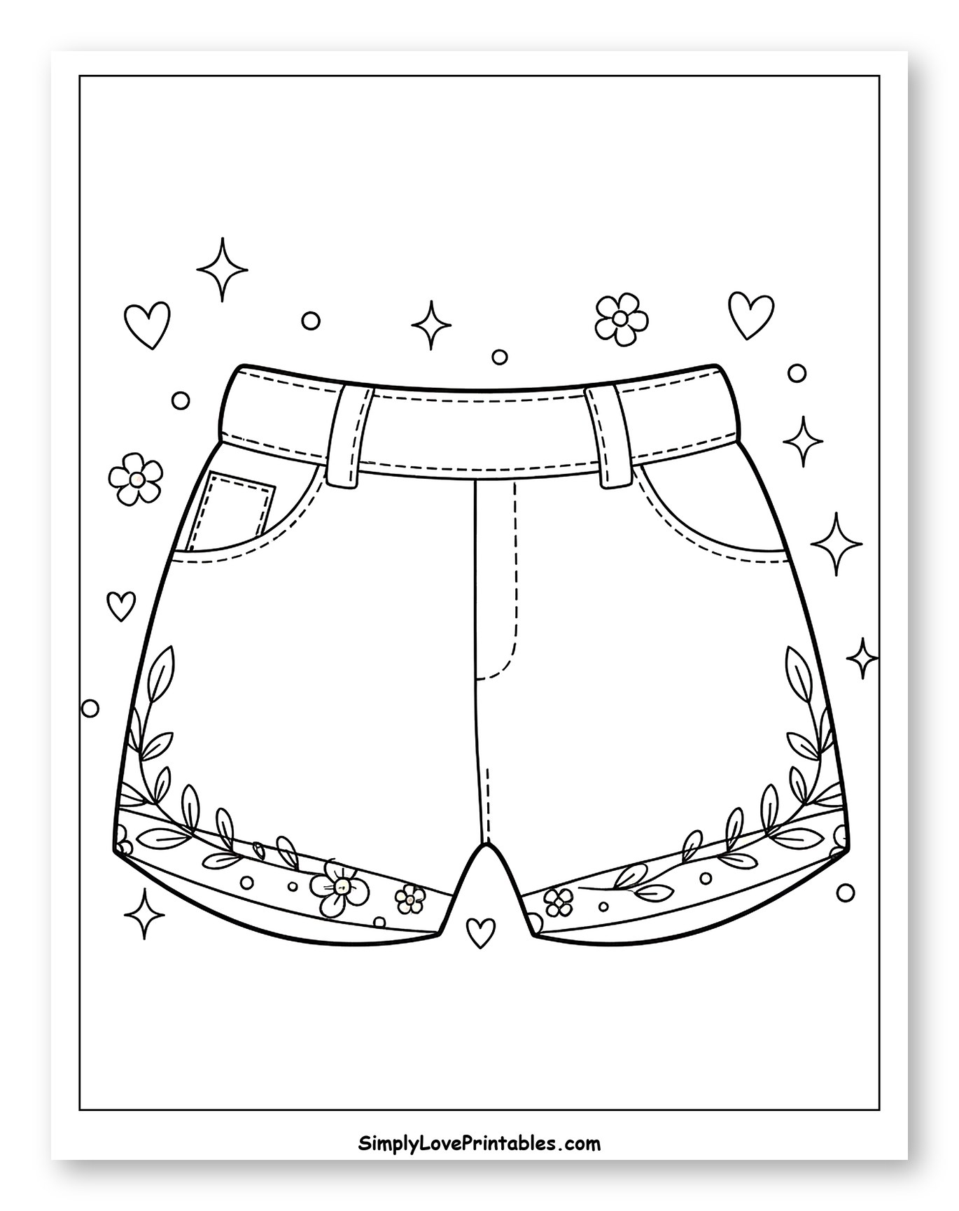 Stylish Shorts with Floral Embellishments Coloring Page for Adults