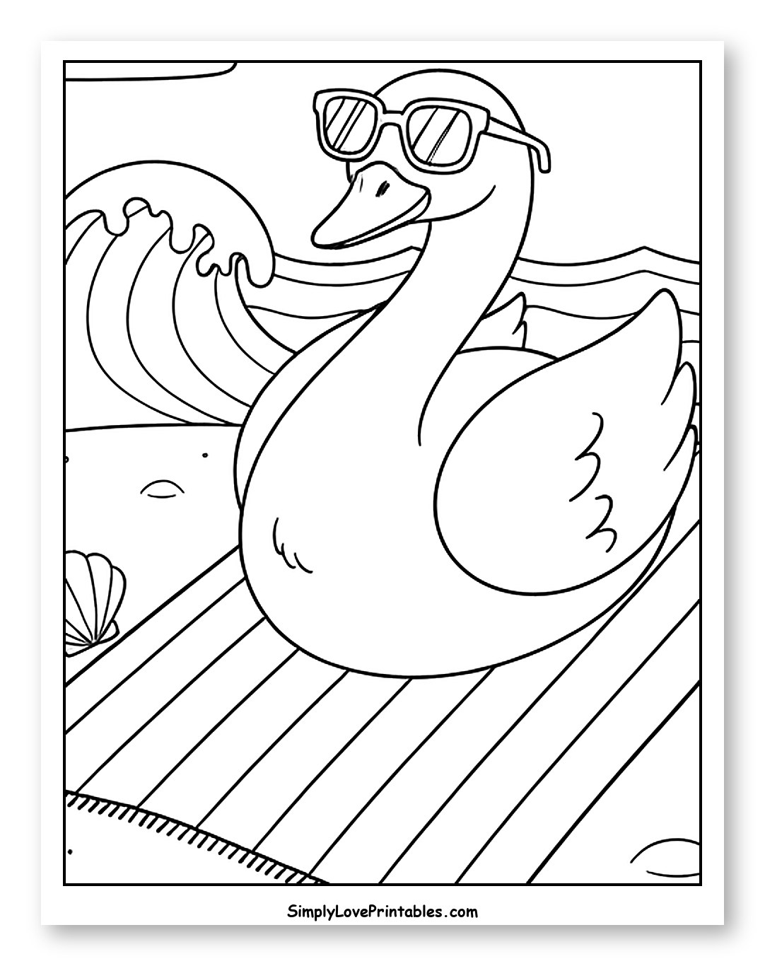 Stylish Swan Enjoying a Beach Day Coloring Page for Kids