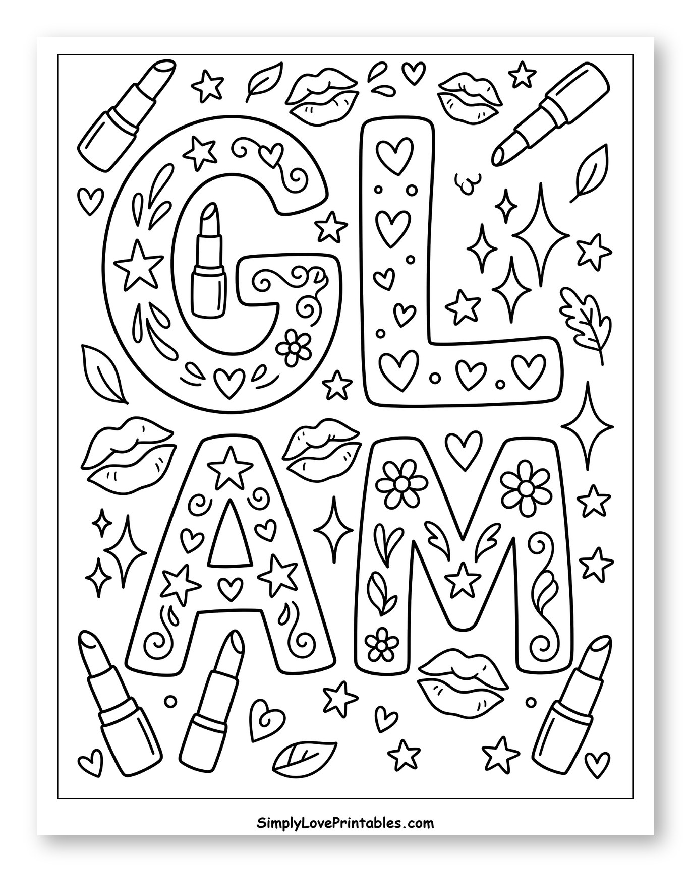 Stylized GLAM Letters with Hearts and Lipsticks to Color for Adults