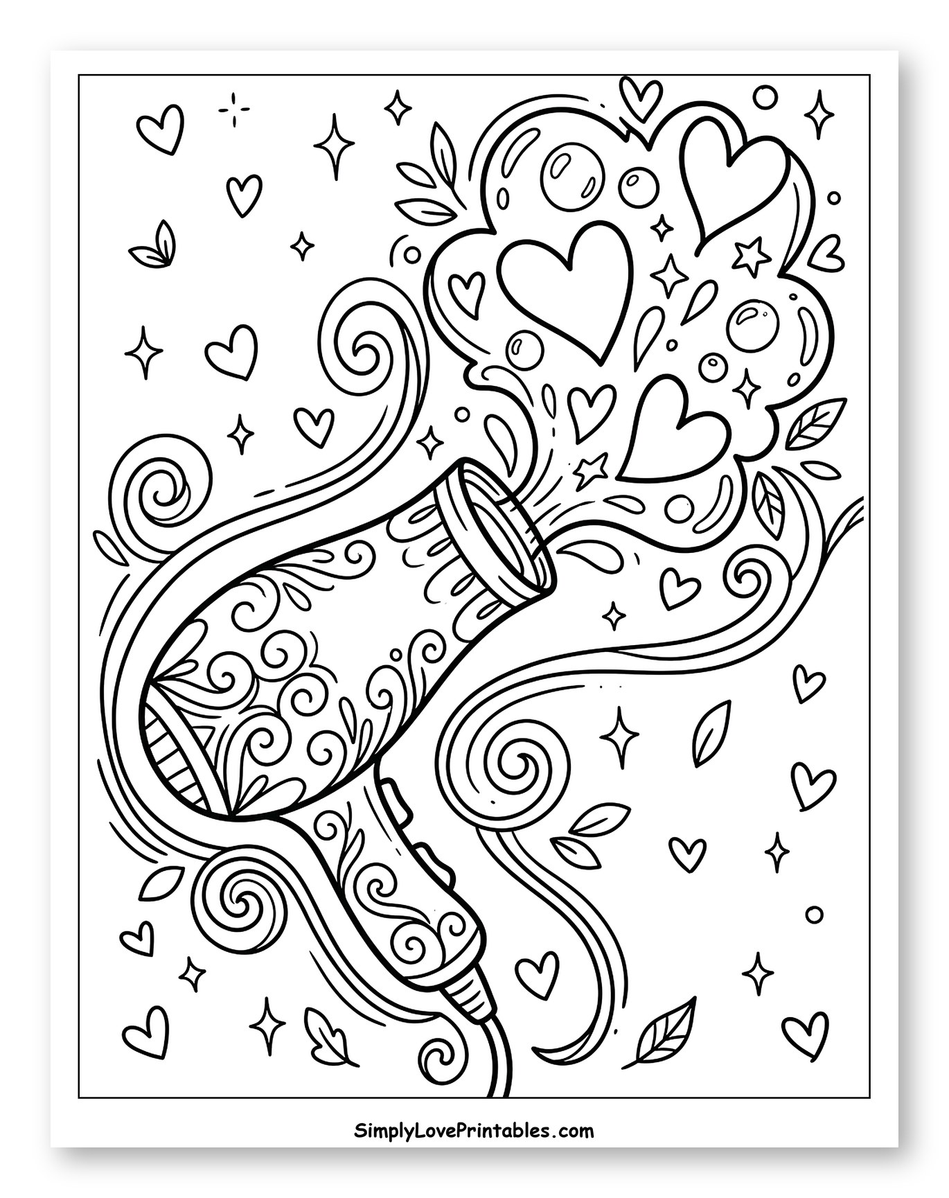 Stylized Hair Dryer with Bubbles and Hearts Coloring Sheet for Adults
