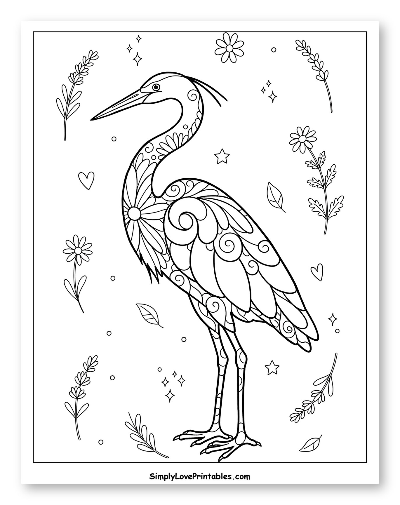 Stylized Heron with Floral and Swirl Patterns Coloring Page for Adults