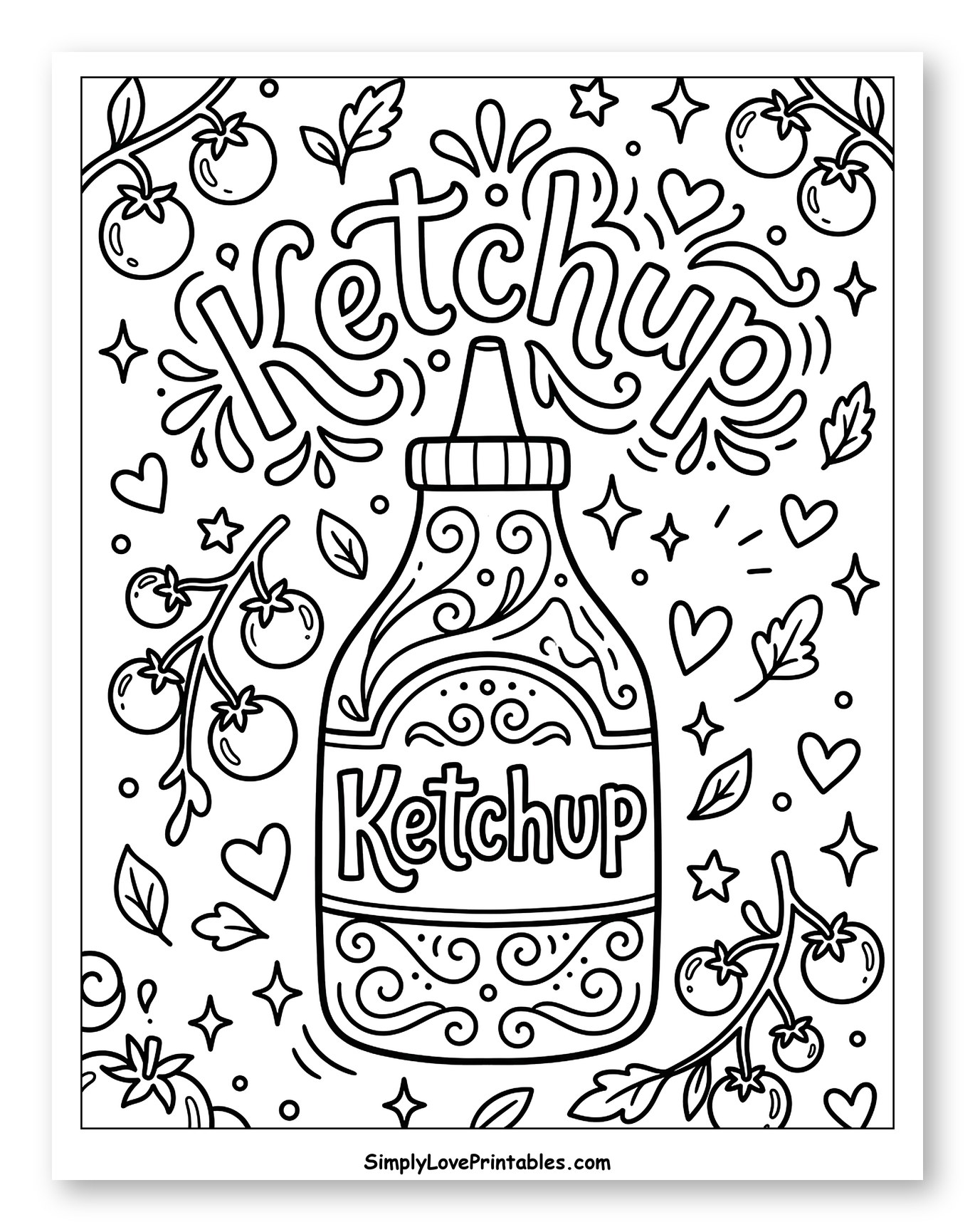 Stylized Ketchup Bottle with Tomatoes Coloring Sheet for Adults