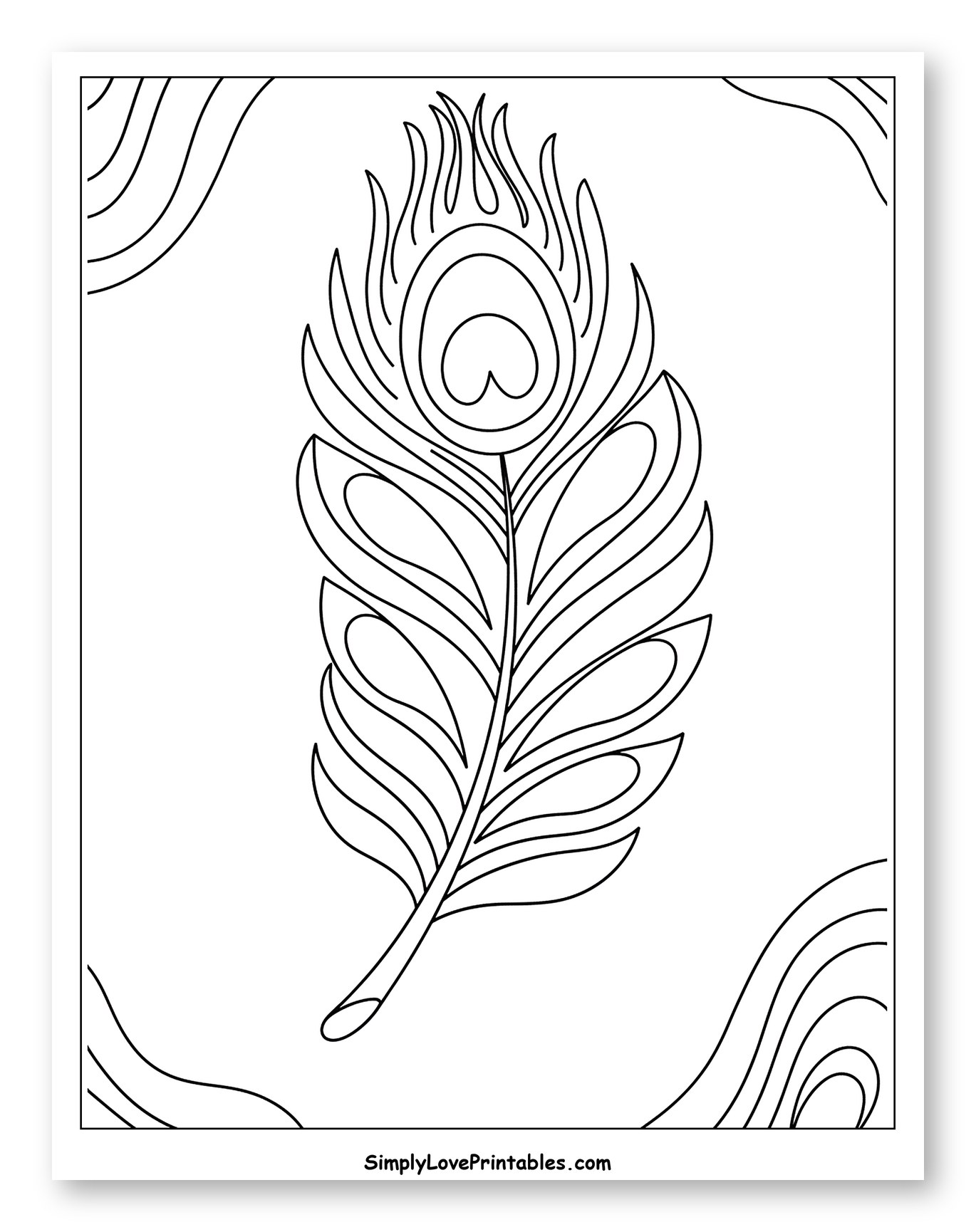 Stylized Peacock Feather with Wavy Border Coloring Page for Toddlers
