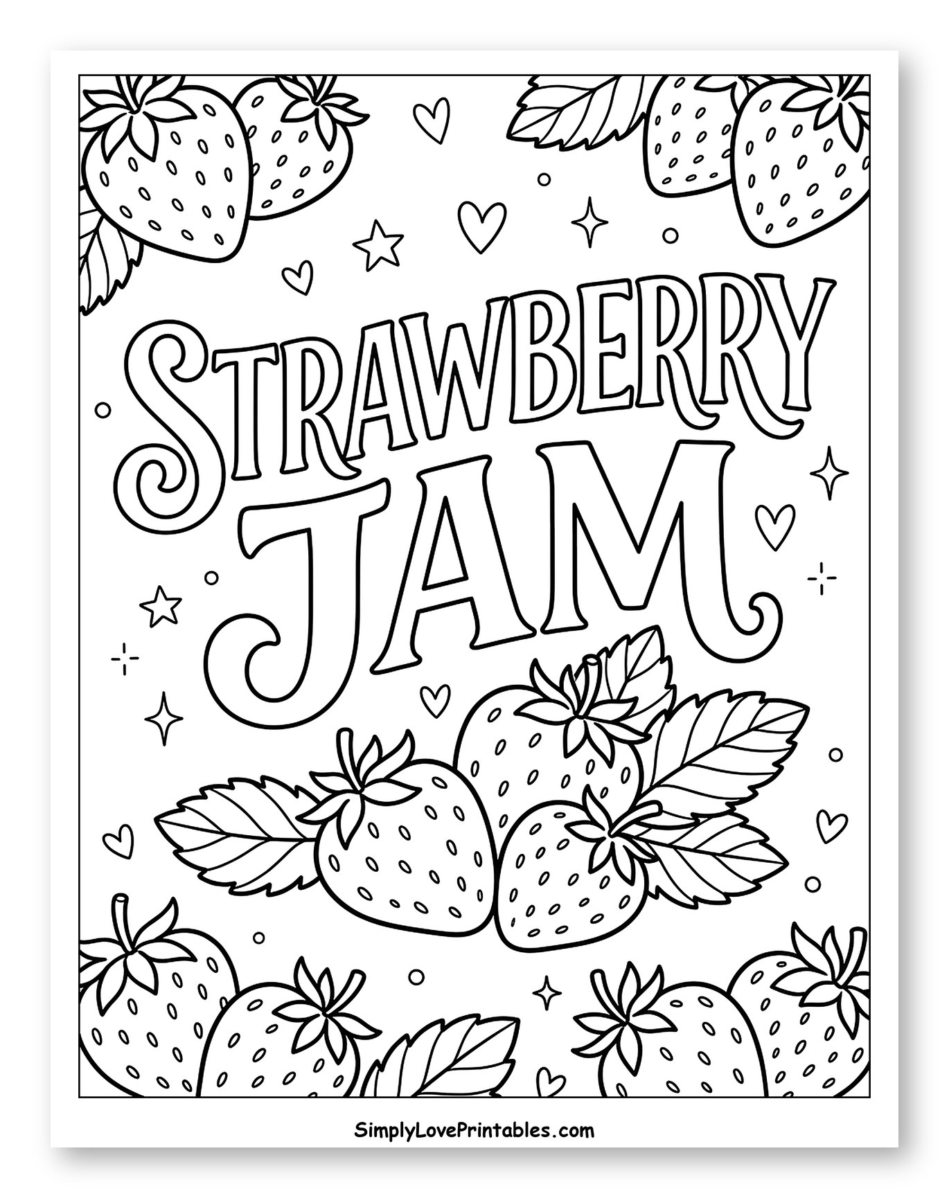 Stylized Strawberry Jam Text with Fresh Strawberries Coloring Sheet for Adults