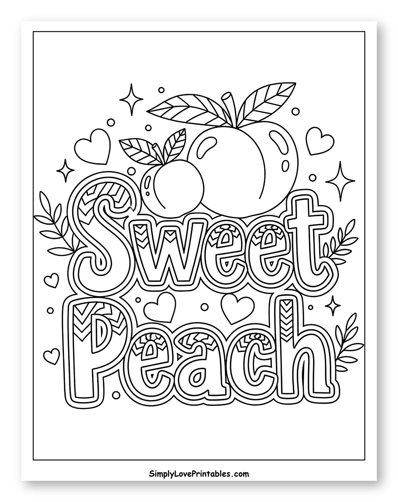 Stylized Sweet Peach with Hearts and Stars Coloring Page for Adults