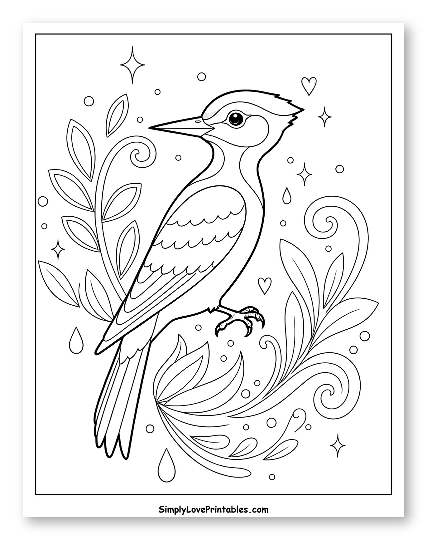 Stylized Woodpecker Among Sparkles and Leaves Coloring Sheet for Adults