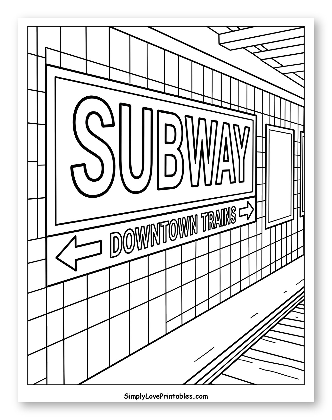 Subway Station Platform with Downtown Trains Sign Coloring Sheet for Toddlers