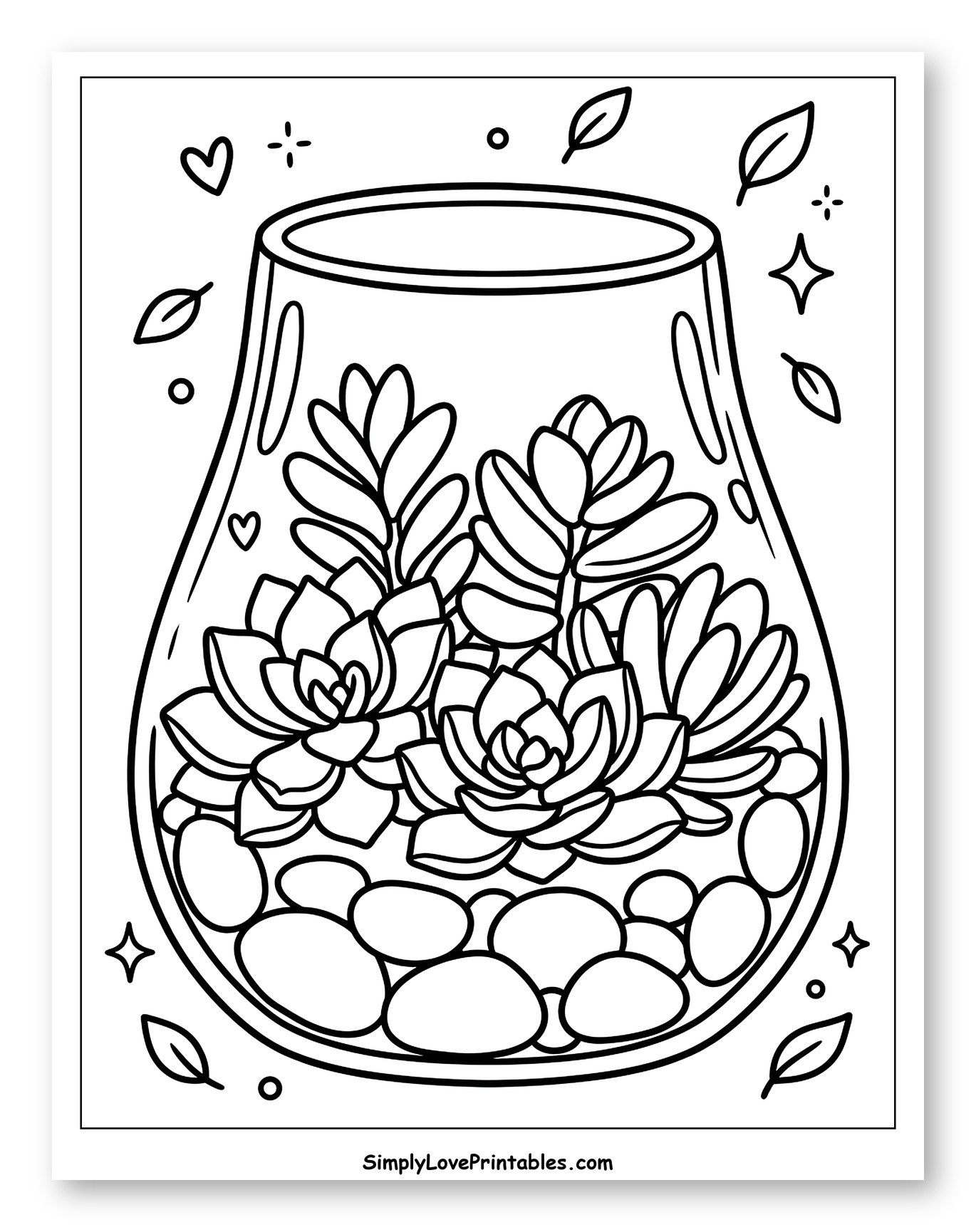 Succulent Terrarium with Floating Decorations Coloring Sheet for Adults