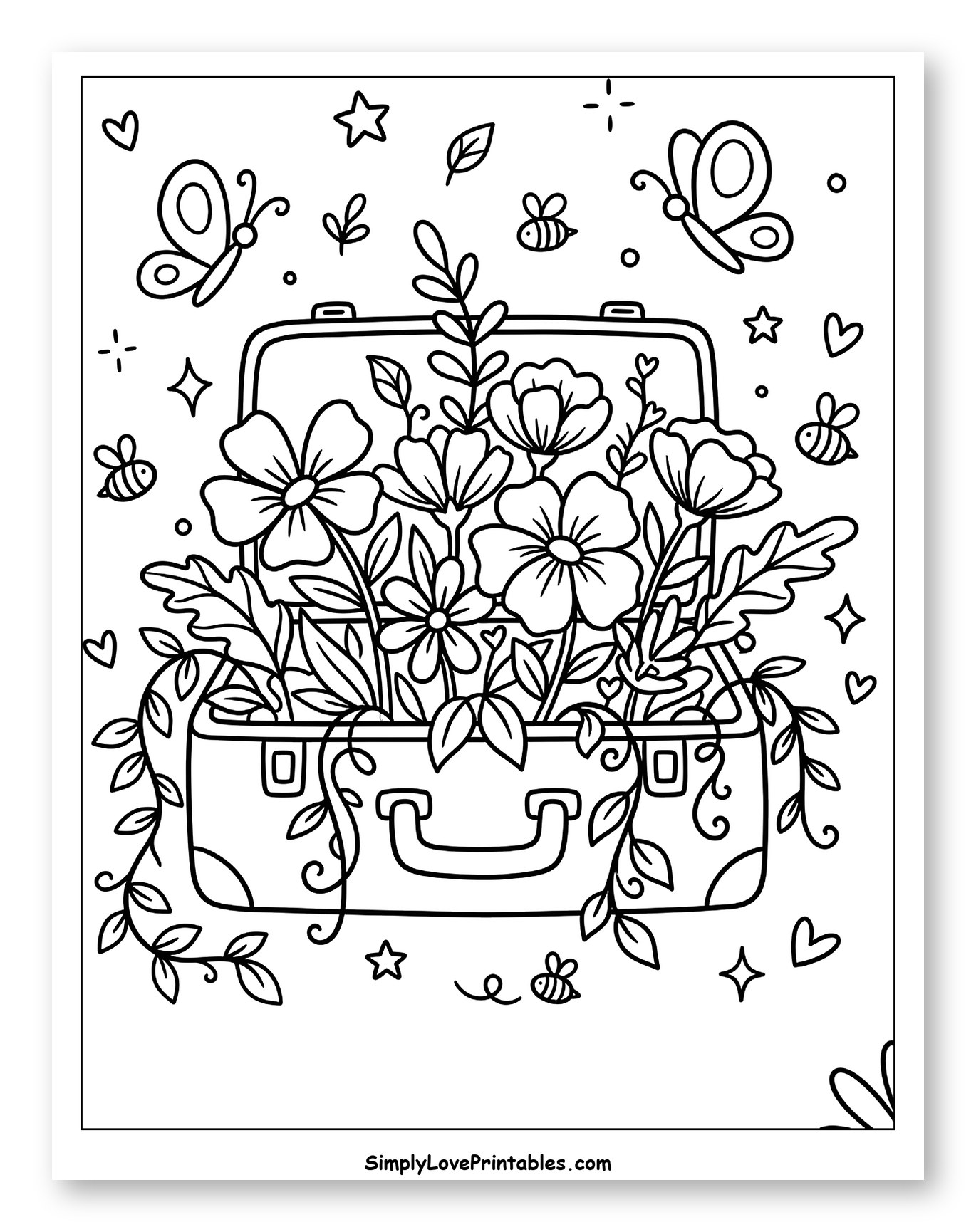 Suitcase Full of Flowers with Butterflies and Bees to Color for Adults