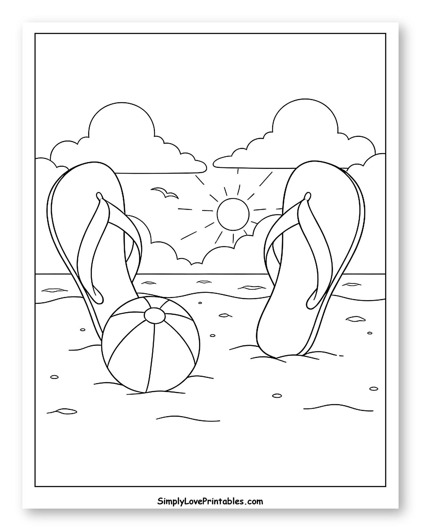 Summer Beach Day with Flip Flops and Ball Coloring Page for Kids