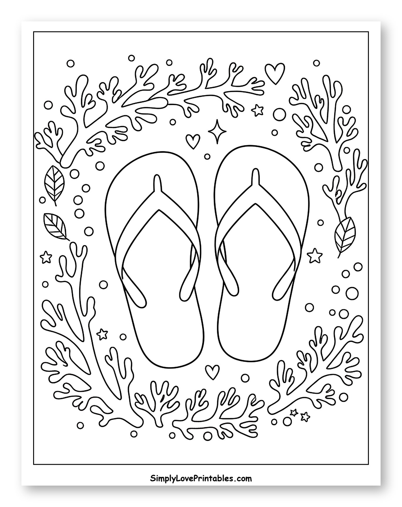 Summer Flip Flops Surrounded by Coral Coloring Sheet for Adults