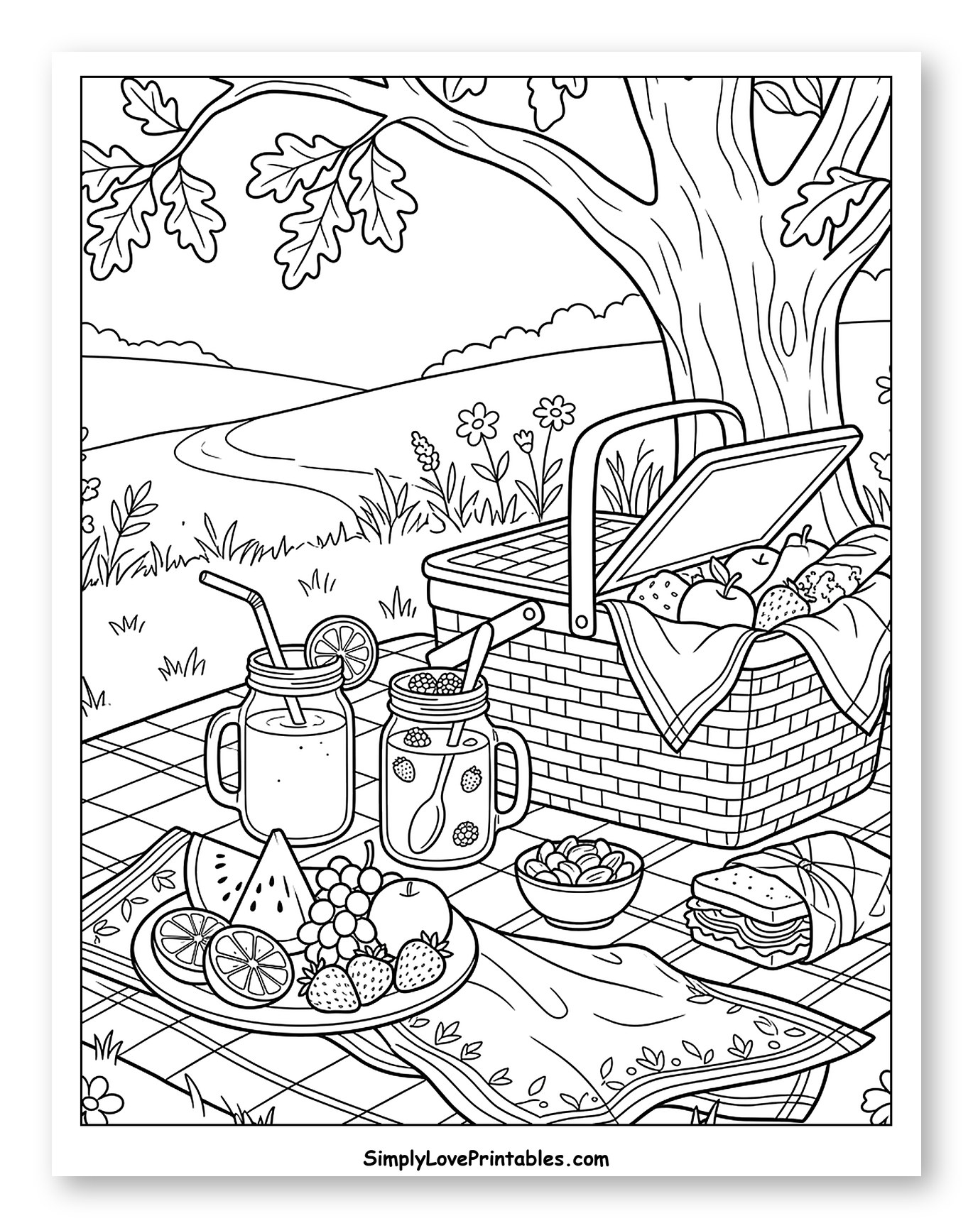 Summer Picnic with Drinks and Fruit to Color