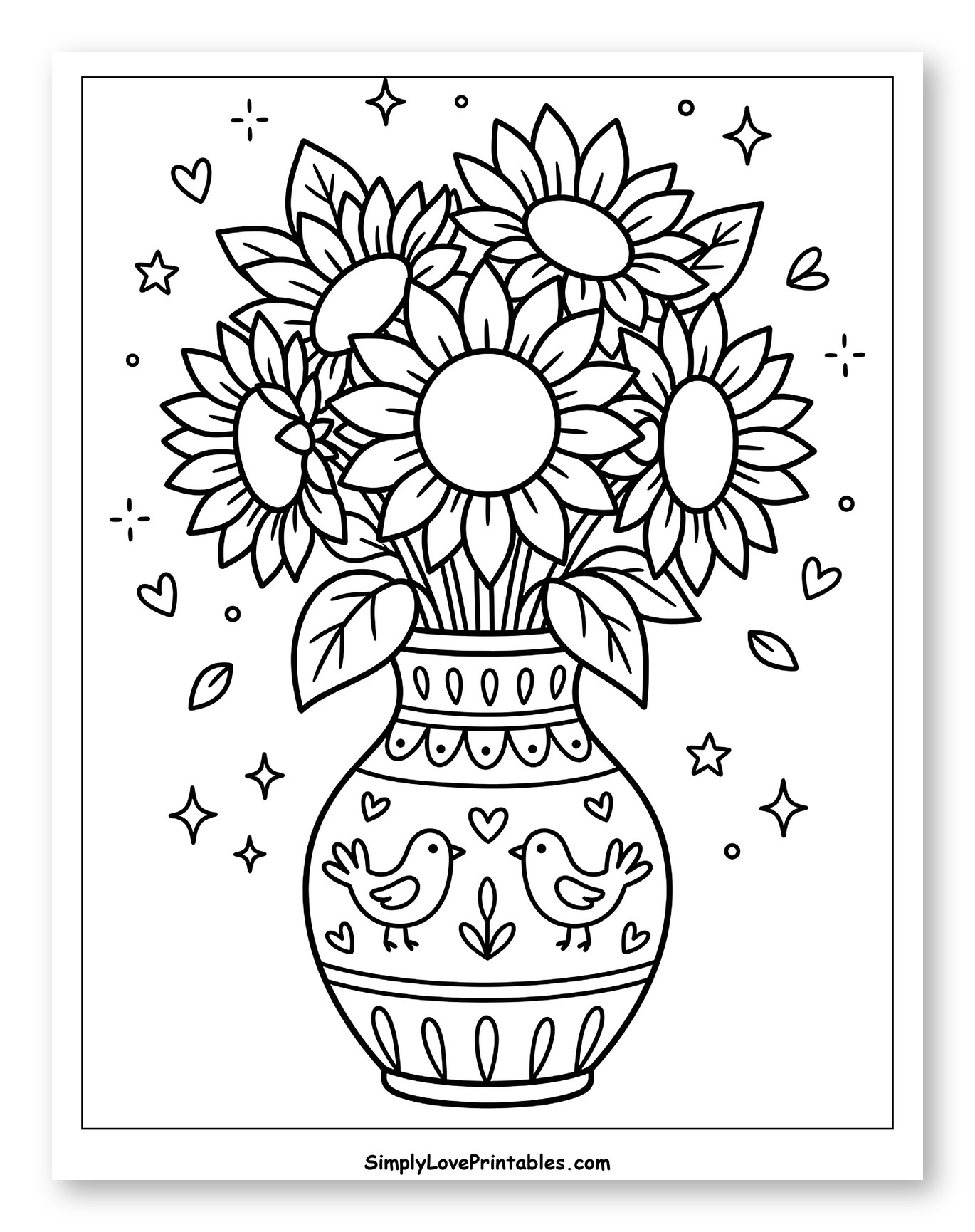 Sunflowers in a Folk Art Vase with Birds