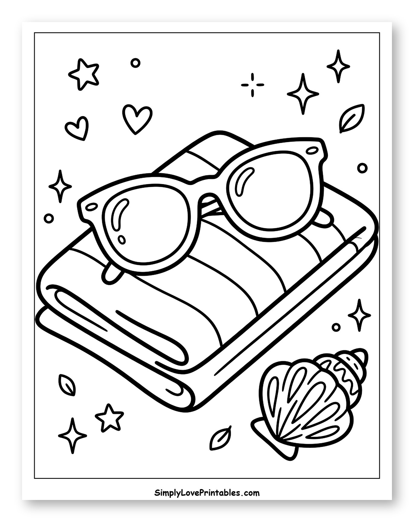 Sunglasses on a Striped Beach Towel with Seashell