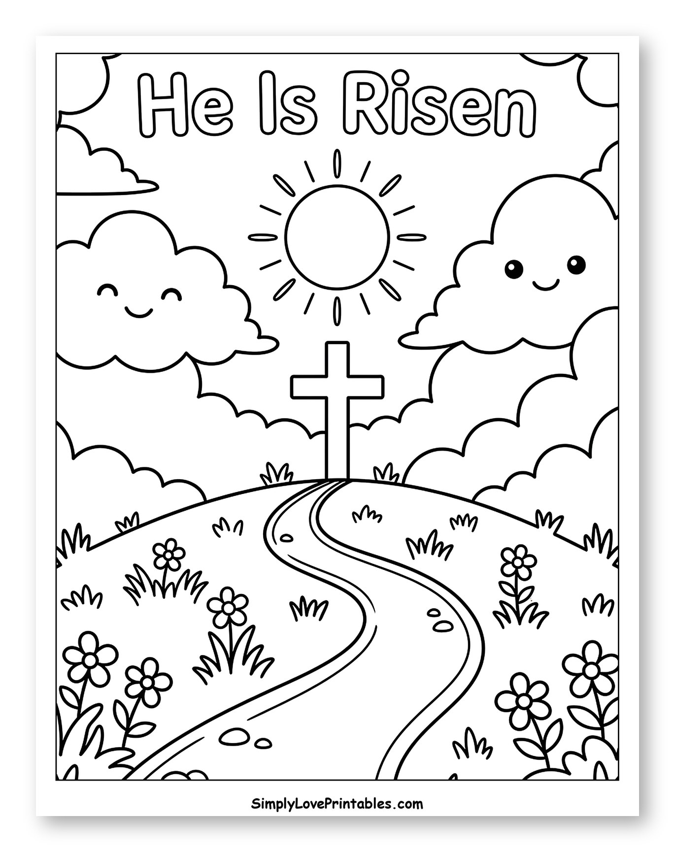 Sunny Easter Landscape with He Is Risen to Color for Kids