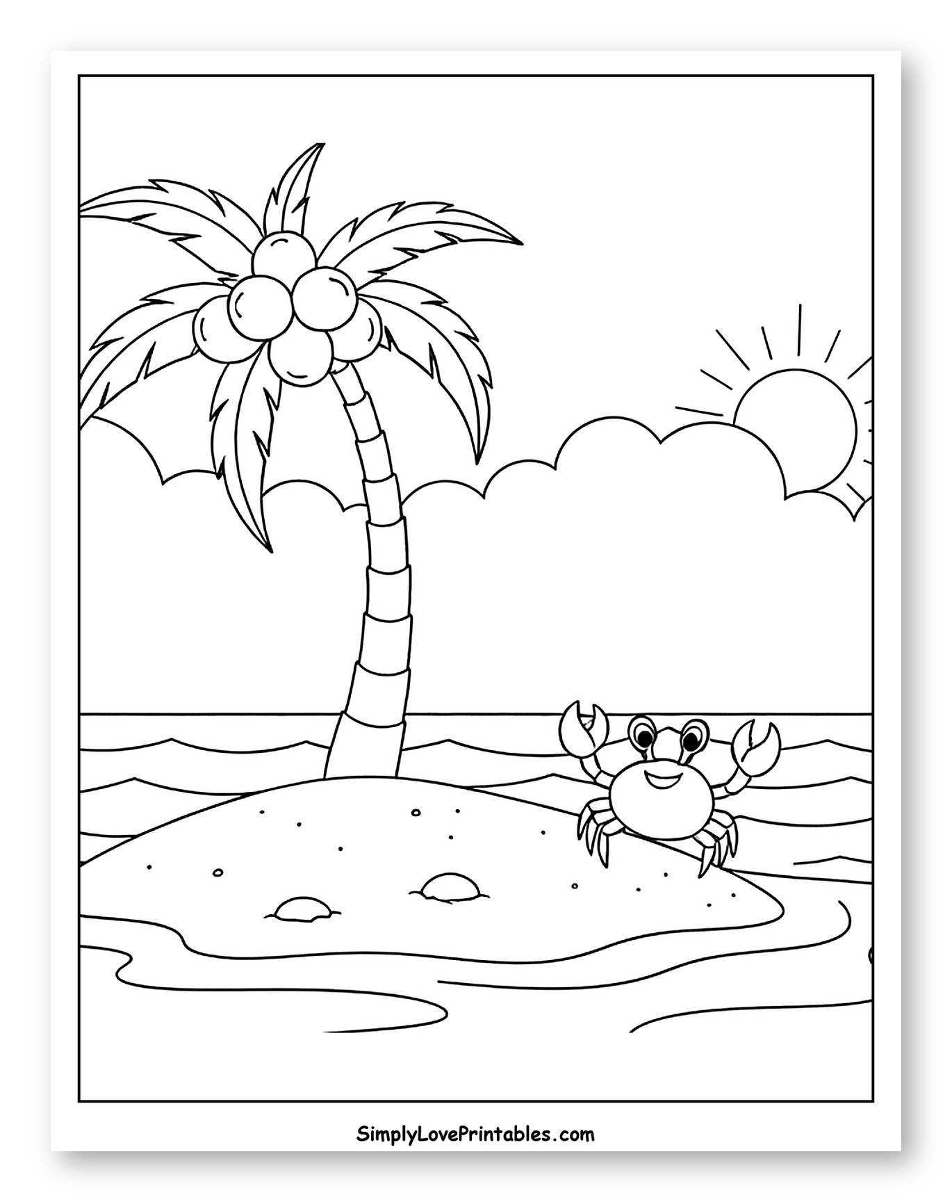 Sunny Island Scene with Palm Tree and Crab to Color for Kids