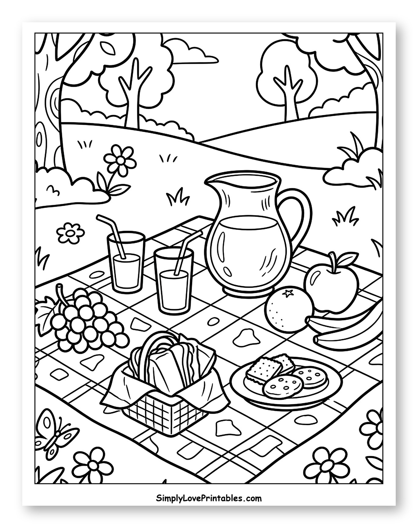 Sunny Picnic with Juice, Fruit, and Basket to Color for Kids