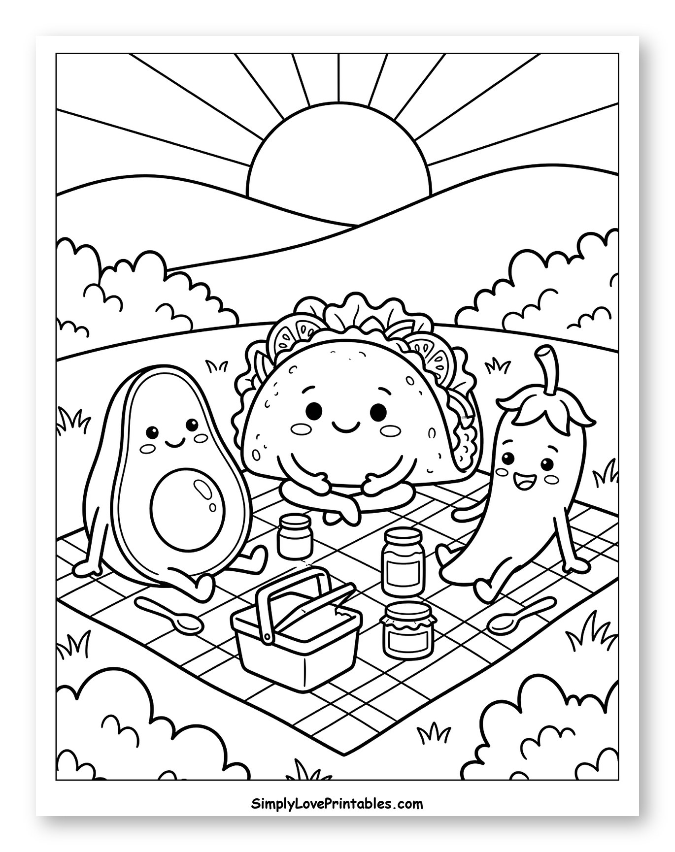 Sunny Picnic with Taco, Avocado, and Chili Coloring Sheet for Kids