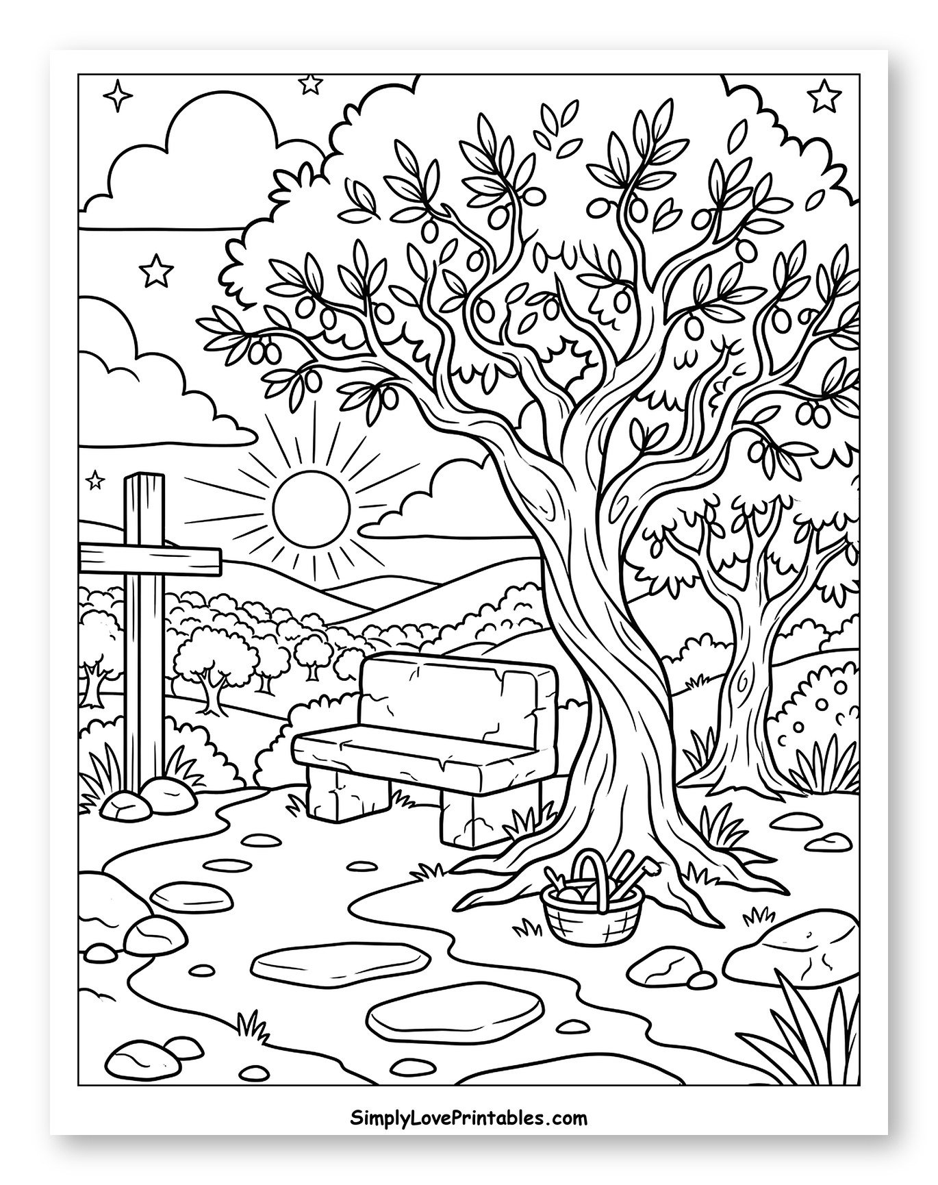 Sunrise Landscape with Cross, Bench, and Fruit Tree to Color for Kids