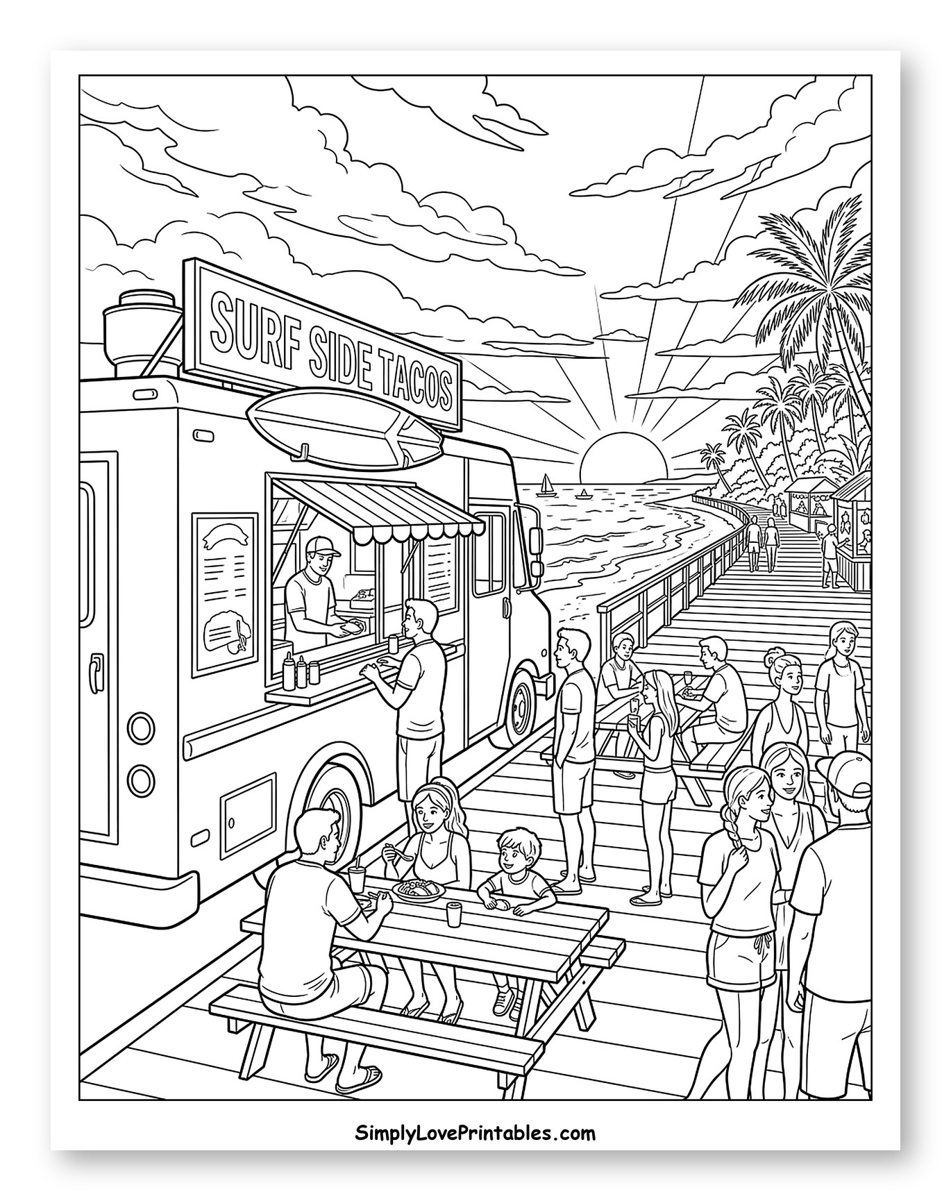 Sunset at the Surf Side Tacos Truck Coloring Page