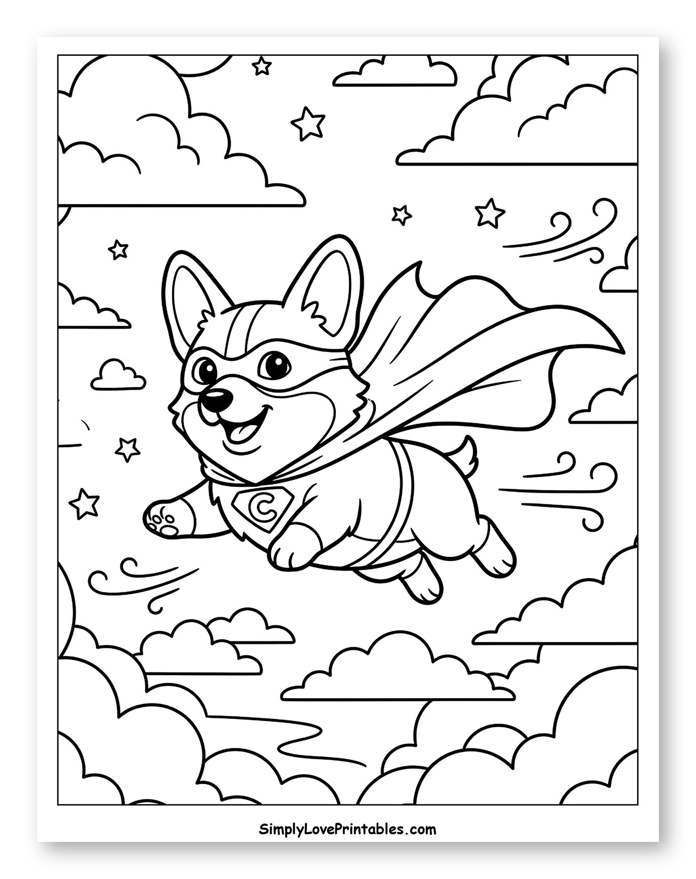 Super Corgi Soaring Above the Clouds Coloring Sheet for Kids