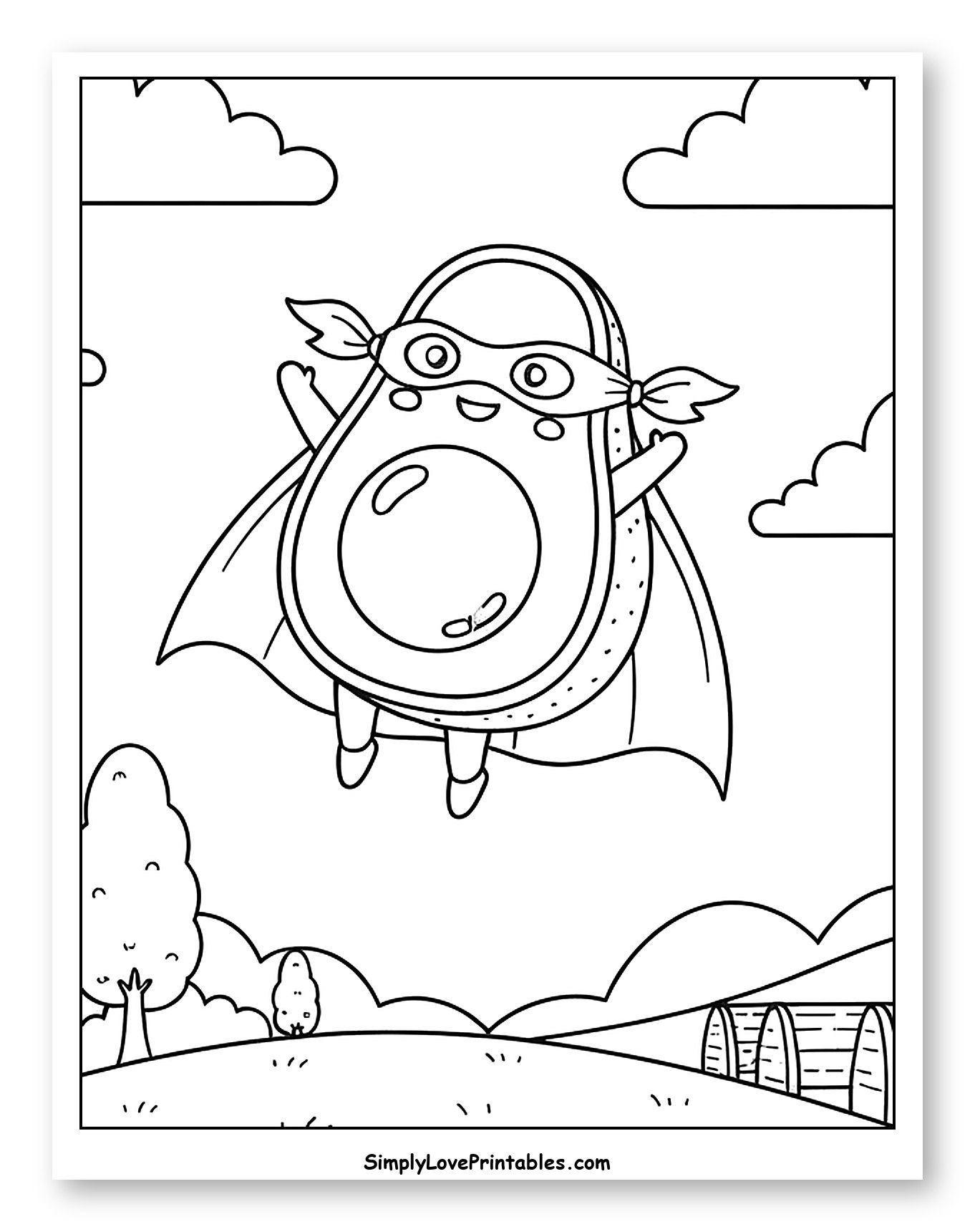 Superhero Avocado Flying Over a Landscape Coloring Page for Kids