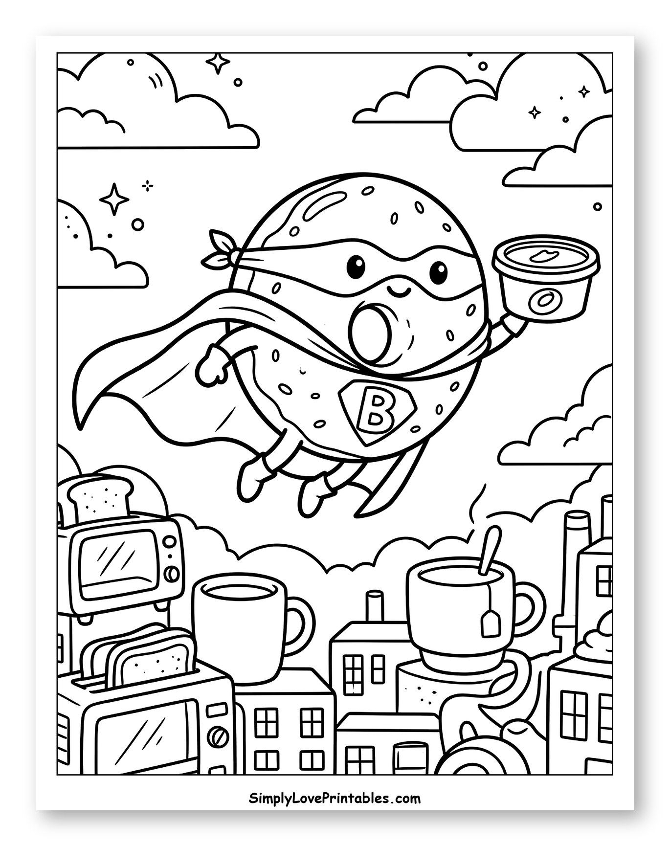Superhero Bagel Flying Over Breakfast City