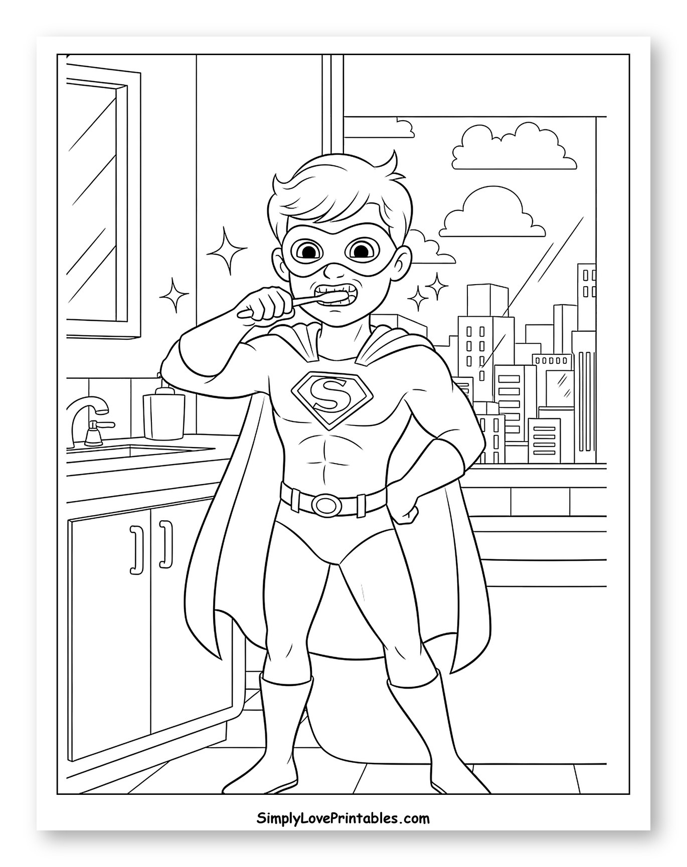 Superhero Boy Brushing Teeth in Bathroom