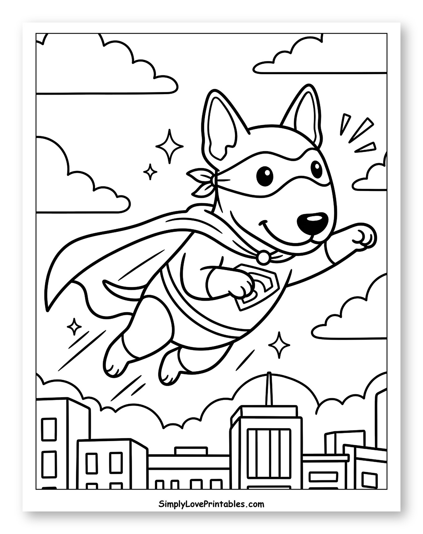 Superhero Bull Terrier Flying Over City to Color for Kids